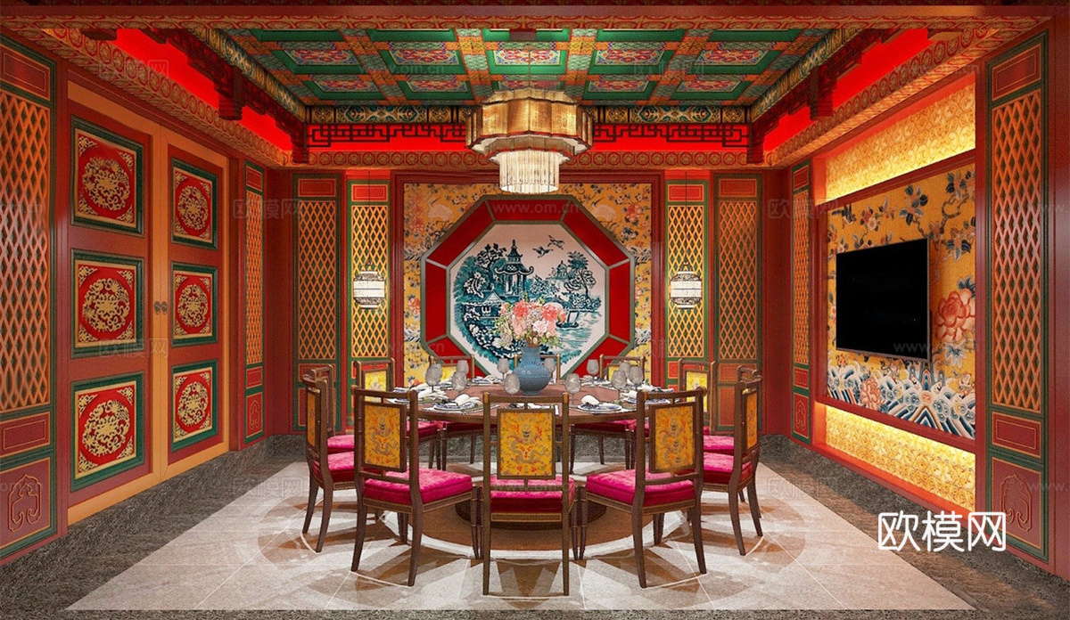 中式中餐厅 中式宴会厅 餐桌椅组合su模型