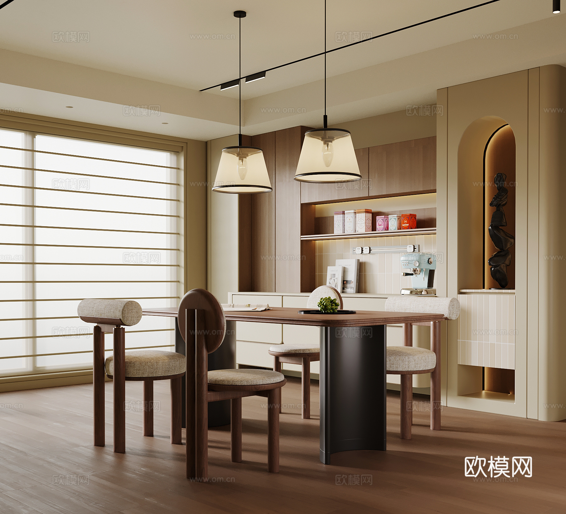 现代中古风餐厅 餐桌椅 餐边柜 酒柜su模型