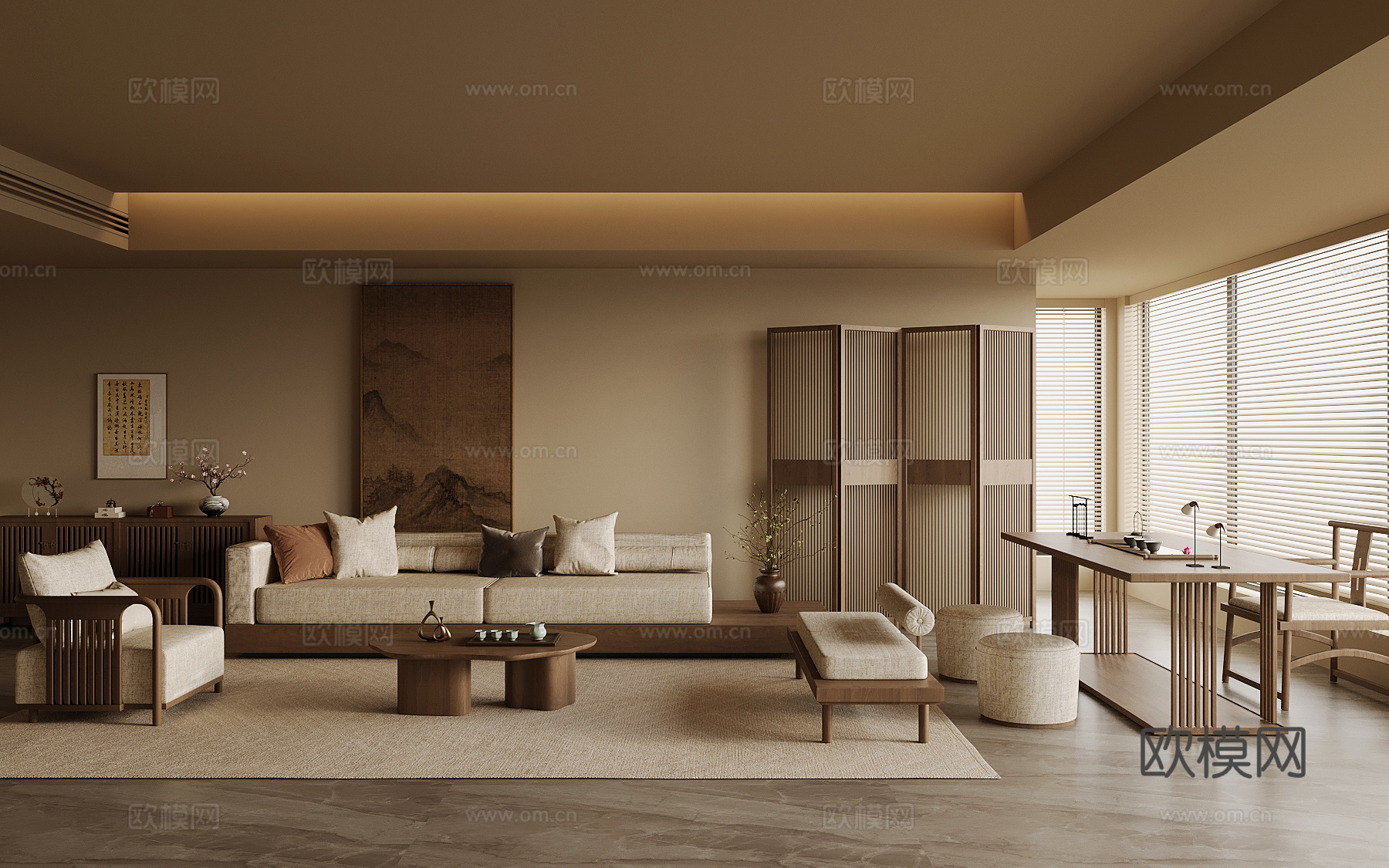 新中式家居客厅 沙发茶几组合 屏风隔断su模型