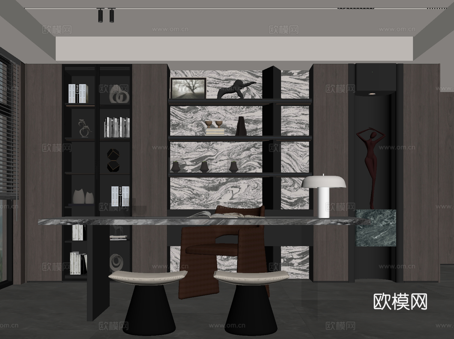 现代意式书房 书桌椅 书柜su模型