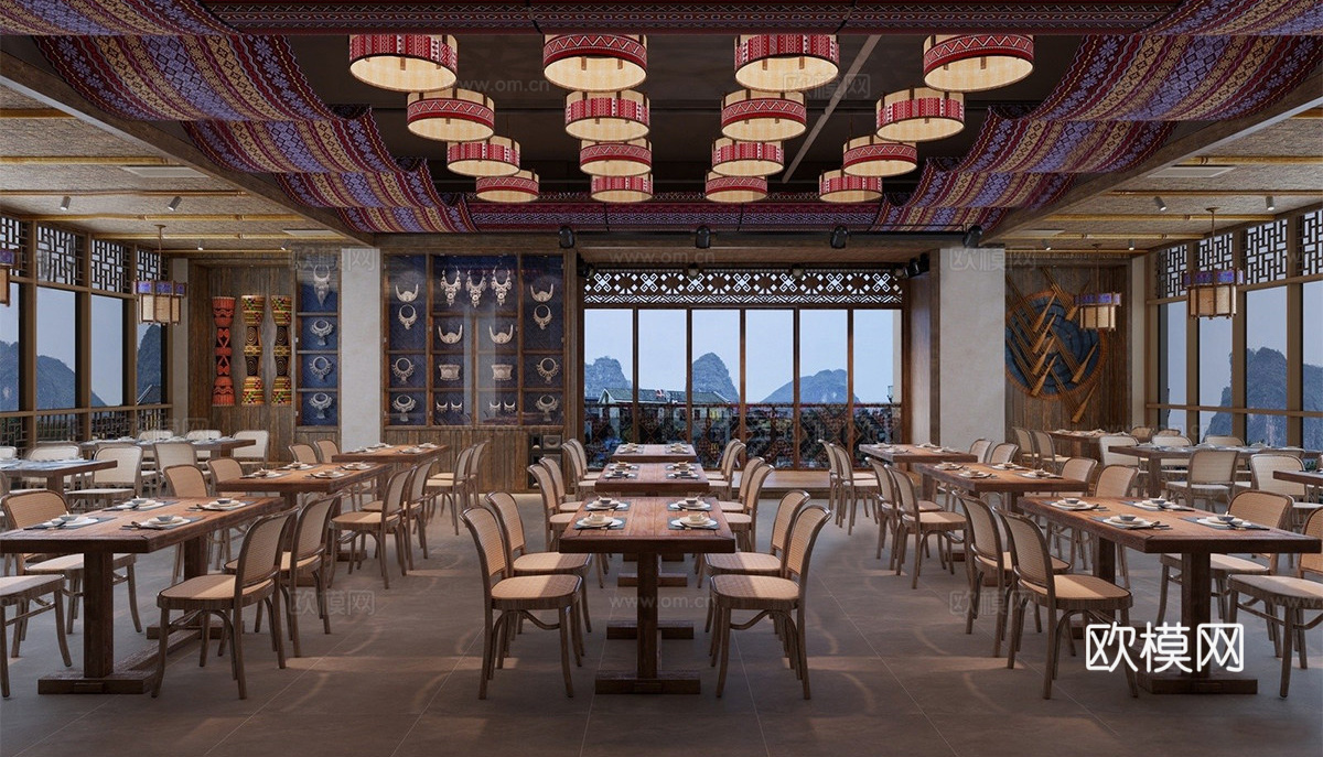 复古中古中餐厅 中餐厅明档 民族餐厅 酒店餐厅包厢 餐桌椅组su模型