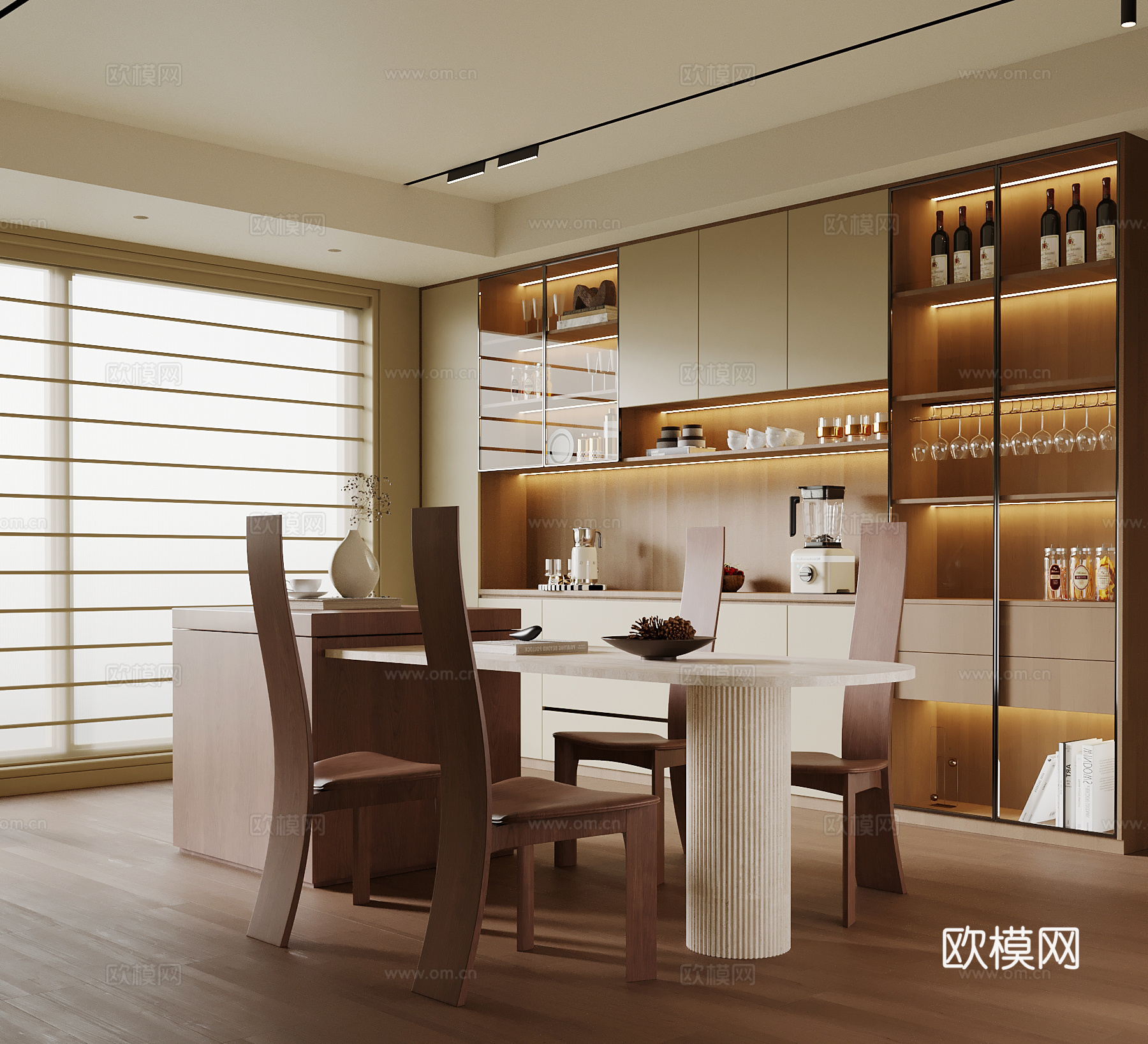 现代中古风餐厅 酒柜 餐边柜su模型
