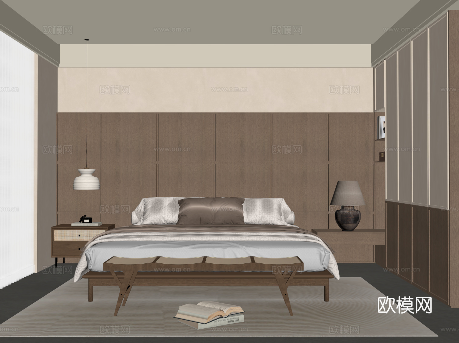 中古风卧室 侘寂风卧室 双人床 衣柜su模型