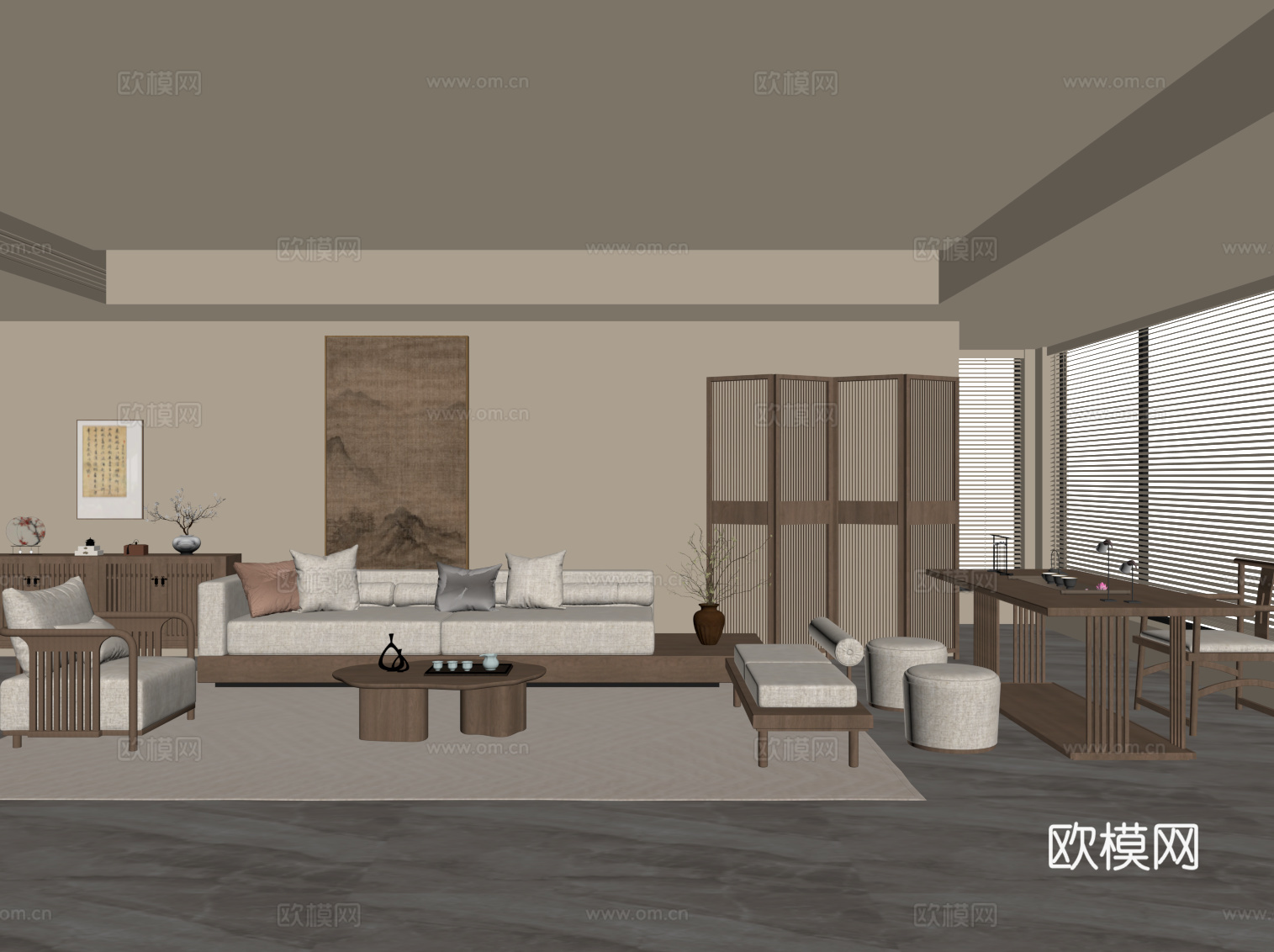 新中式家居客厅 沙发茶几组合 屏风隔断su模型