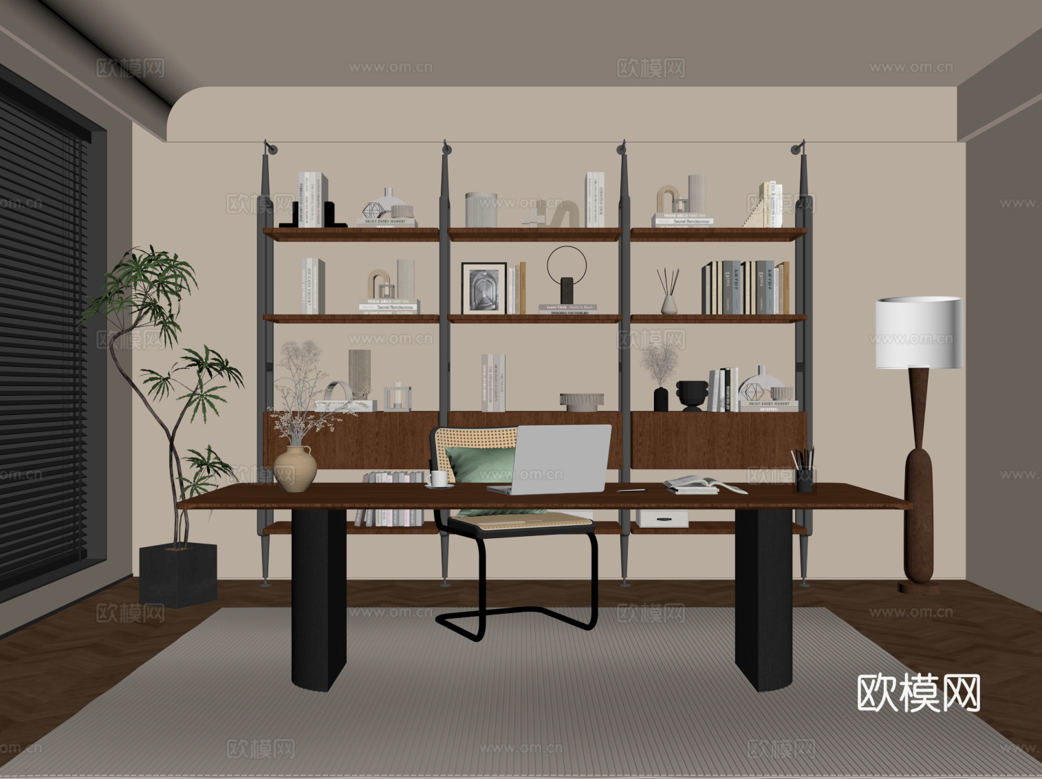 中古风书房 书桌椅 书架su模型