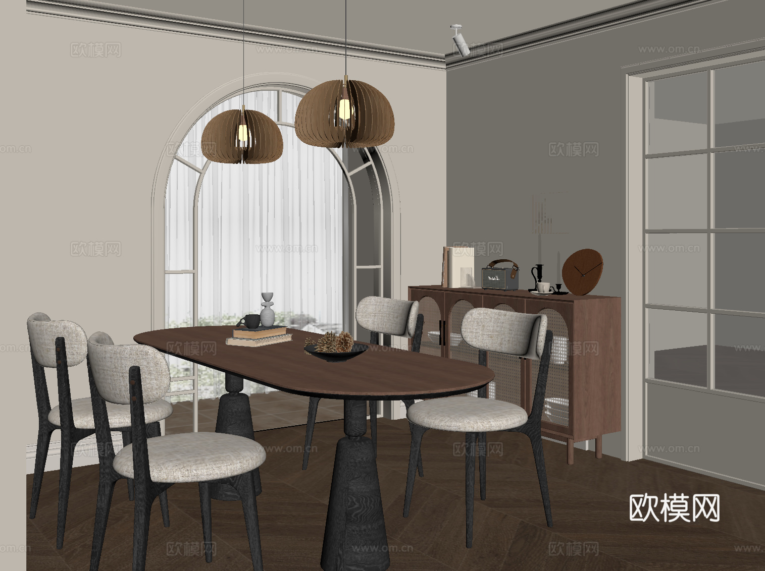 现代中古风餐厅 餐桌椅 餐边柜su模型