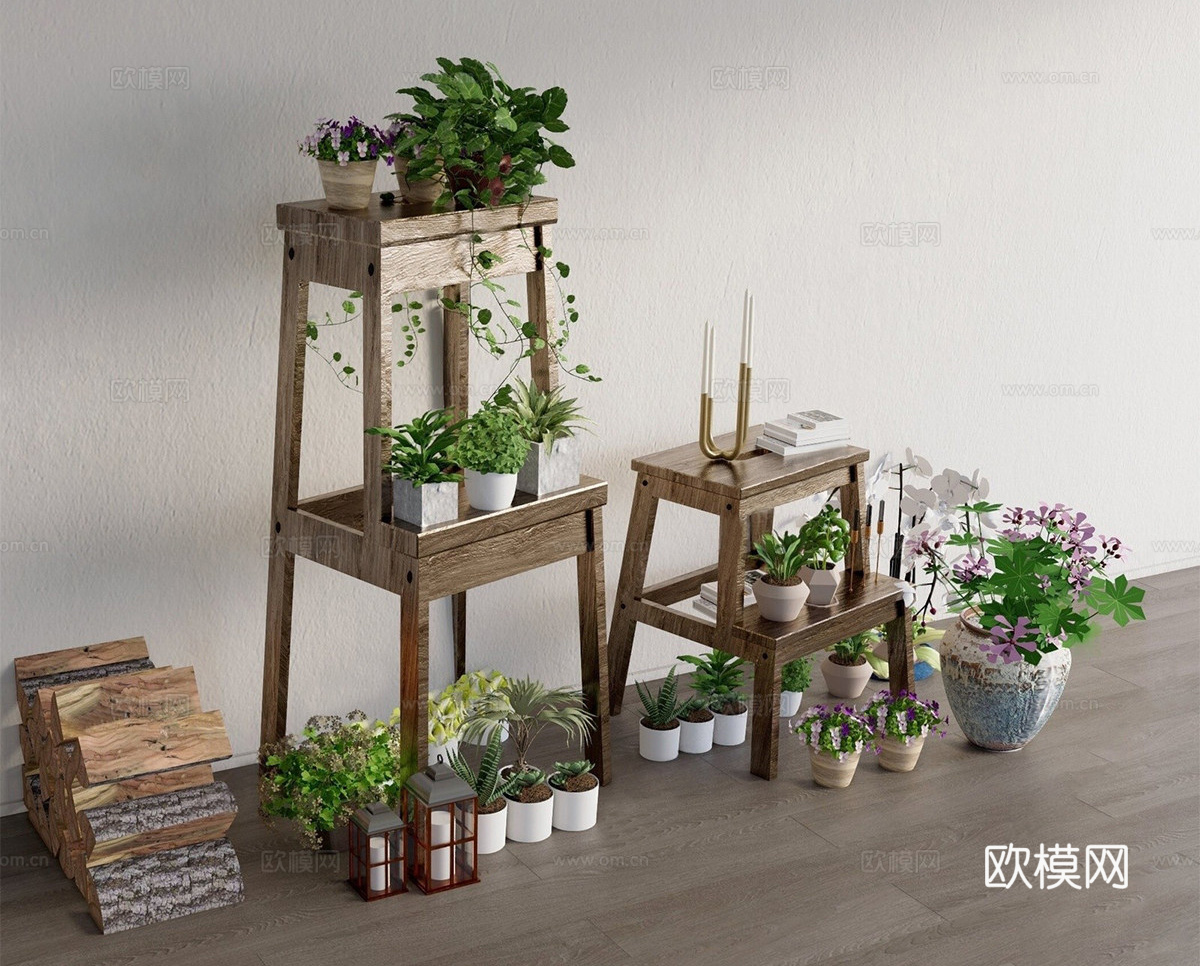 原木简约花架 花架 植物架 盆栽架 盆栽su模型