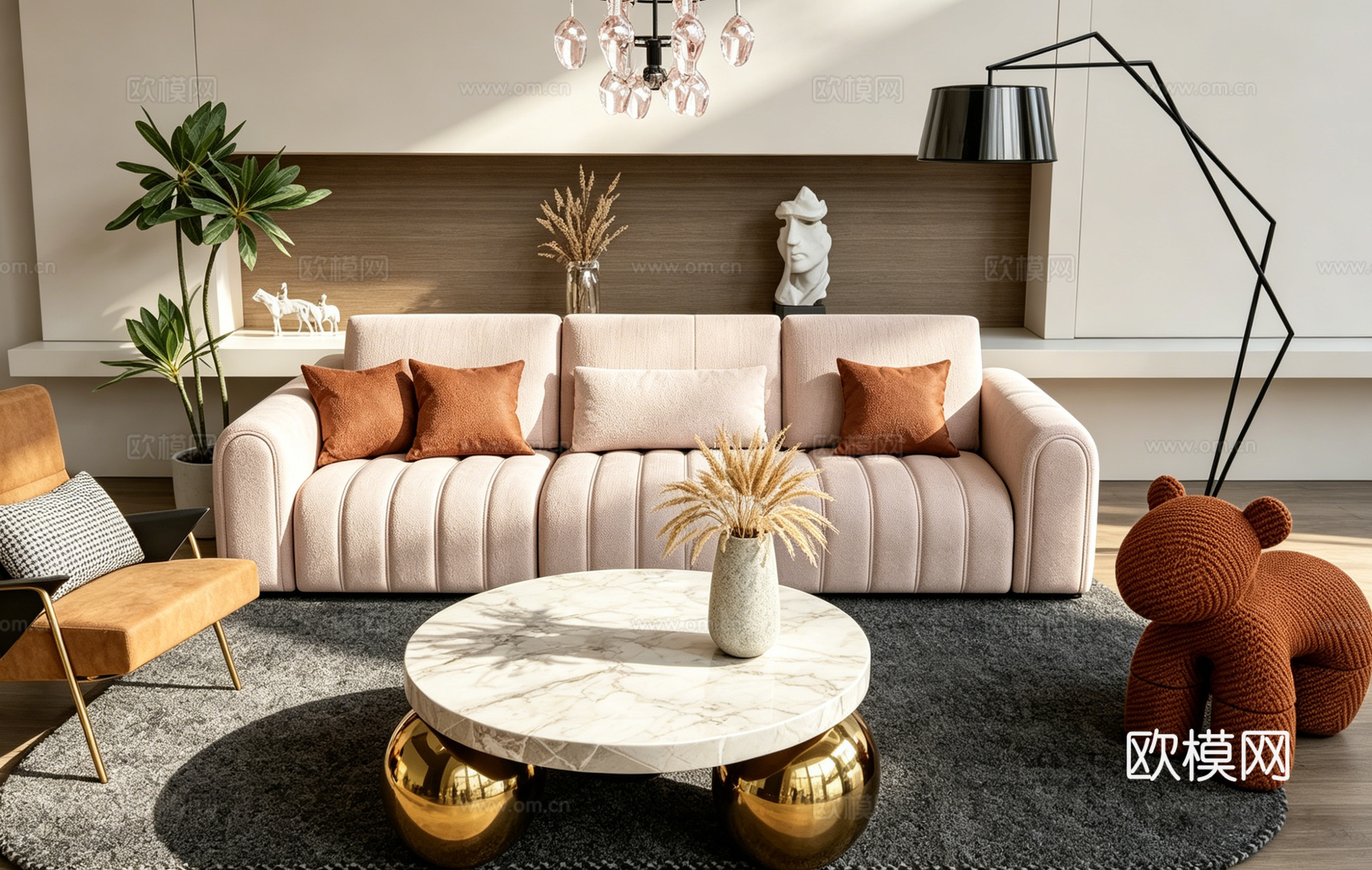 法式轻奢沙发组合 动物凳 大理石茶几 吊灯装饰 创意动物造型su模型