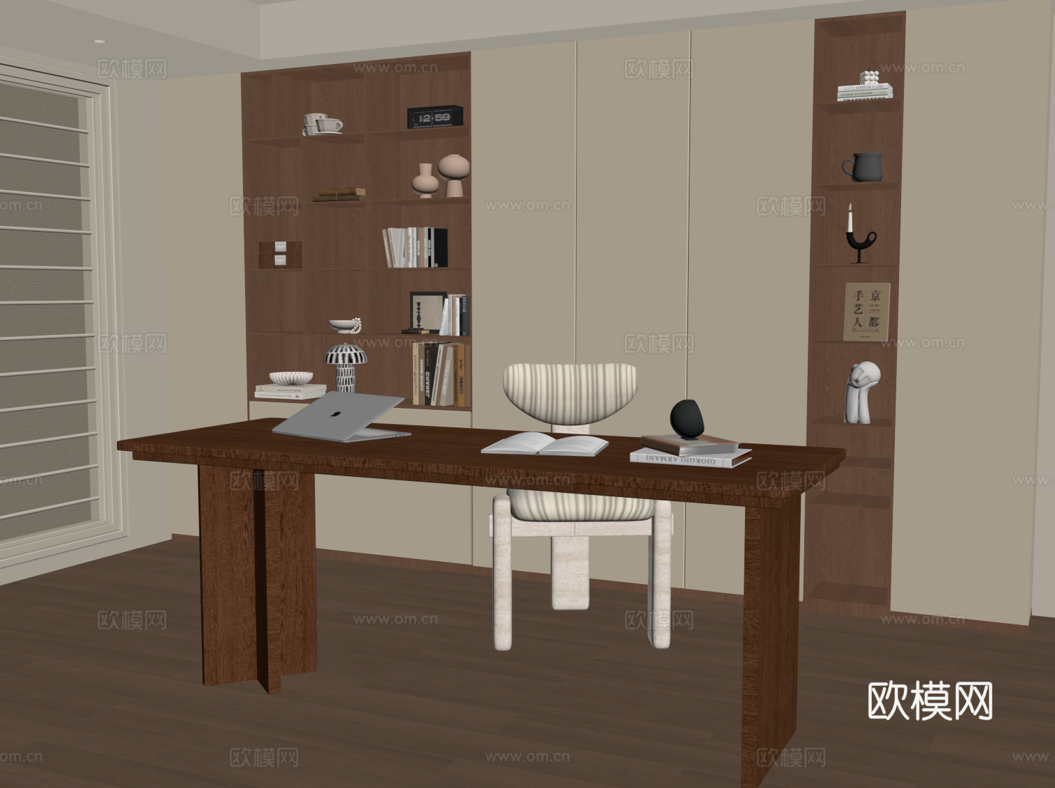 中古风书房 书桌椅 书柜su模型