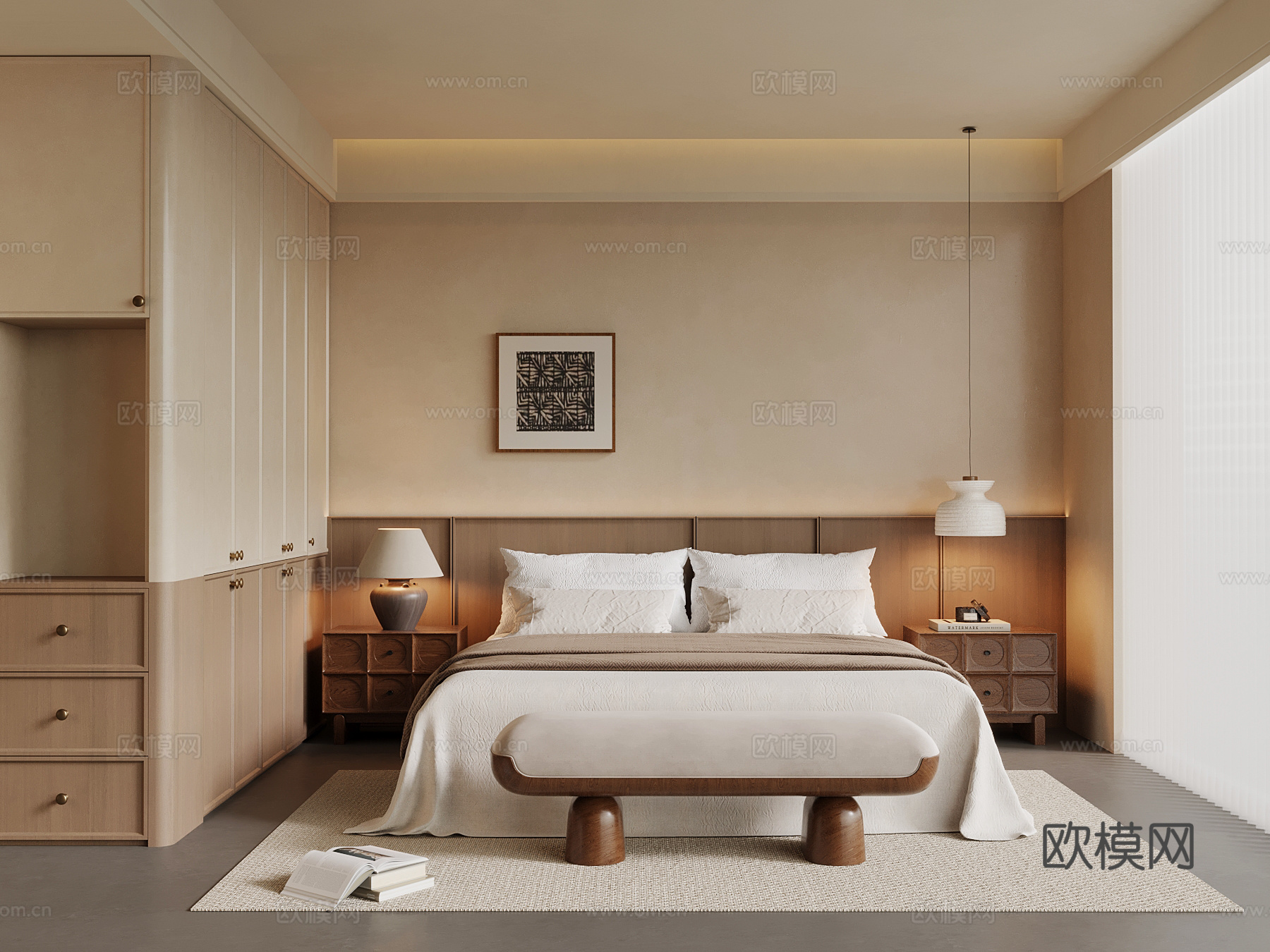 中古风卧室 侘寂风卧室 双人床 衣柜su模型