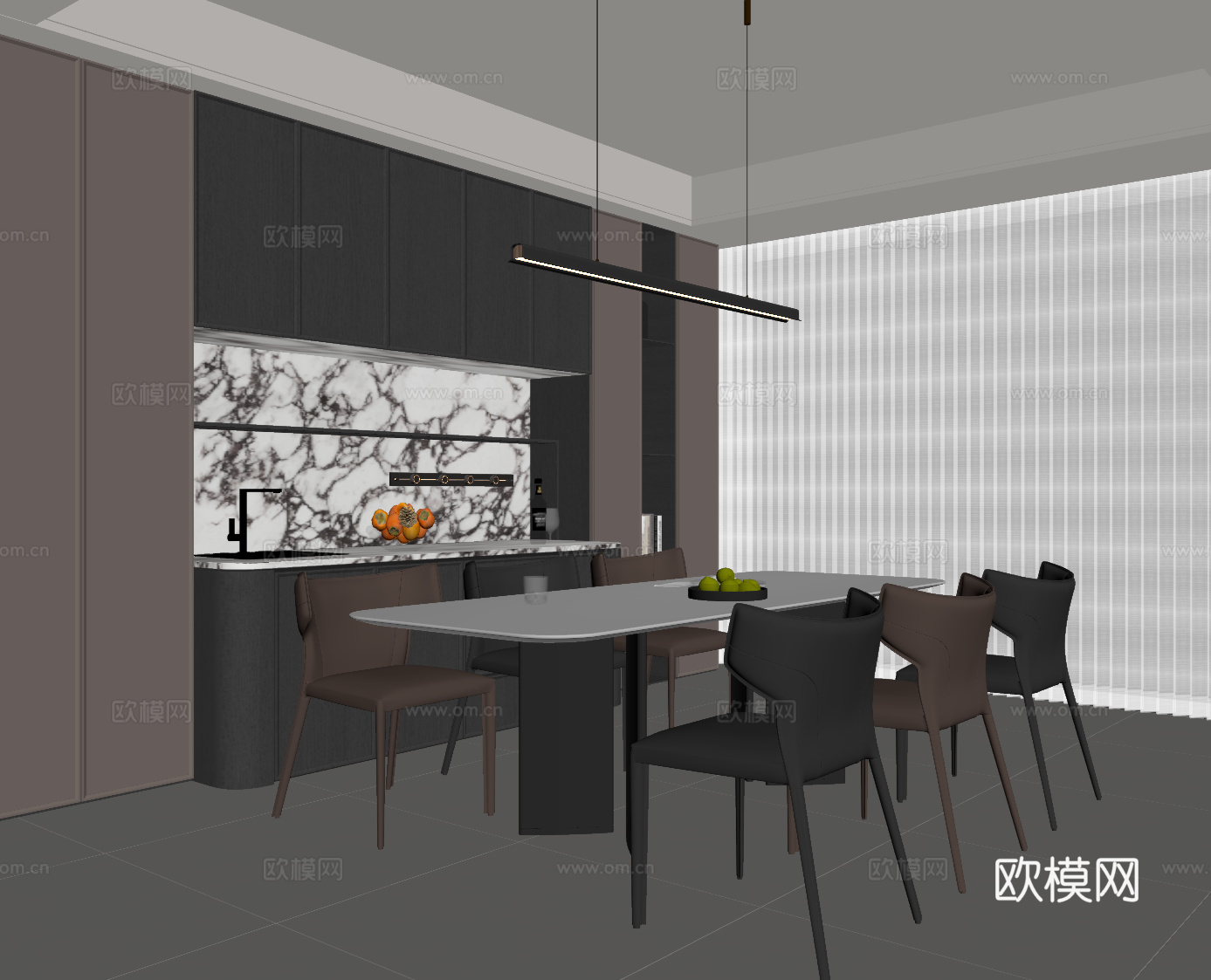 现代意式餐厅 餐桌椅 意式酒柜su模型