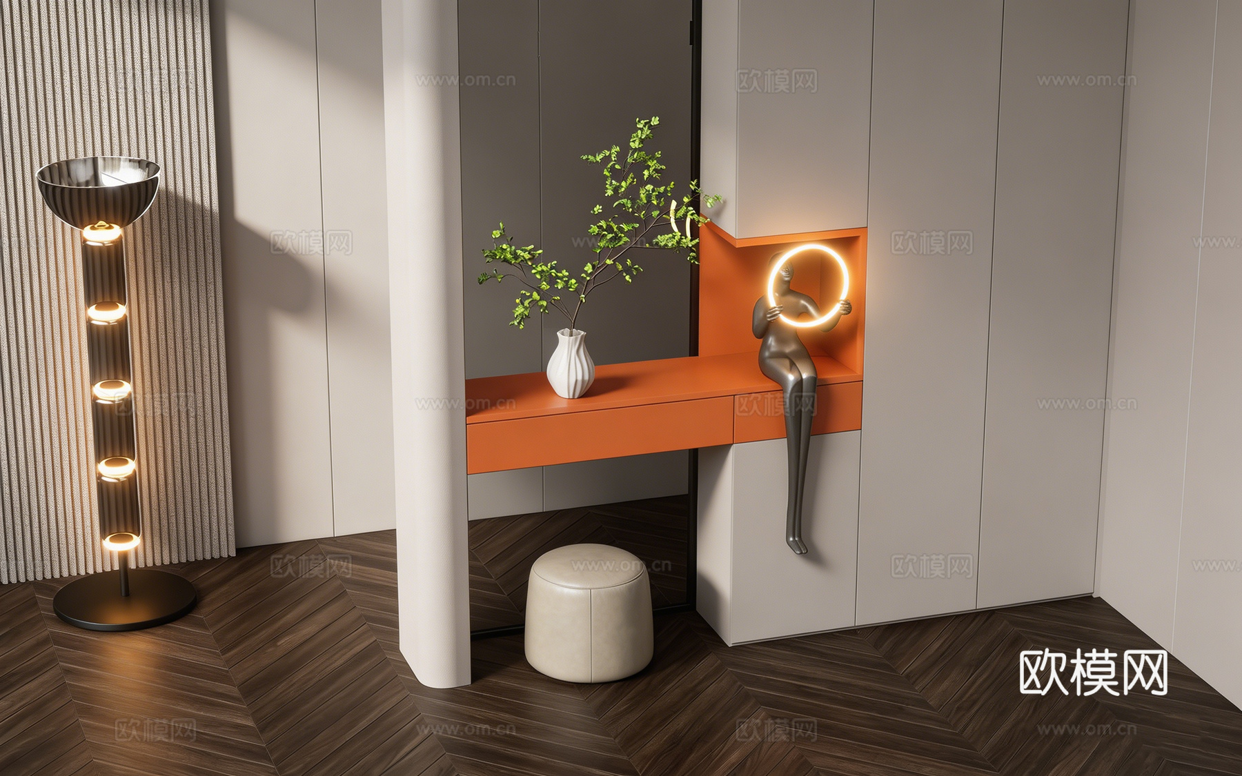 现代简约艺术感室内端景场景 发光圆环雕塑 橙色搁板 条纹柱su模型