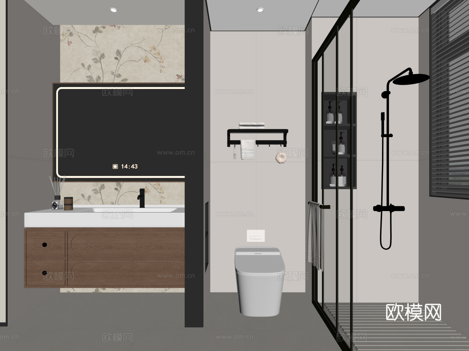 中古风卫生间 干湿分离卫生间 浴室柜 马桶 花洒su模型