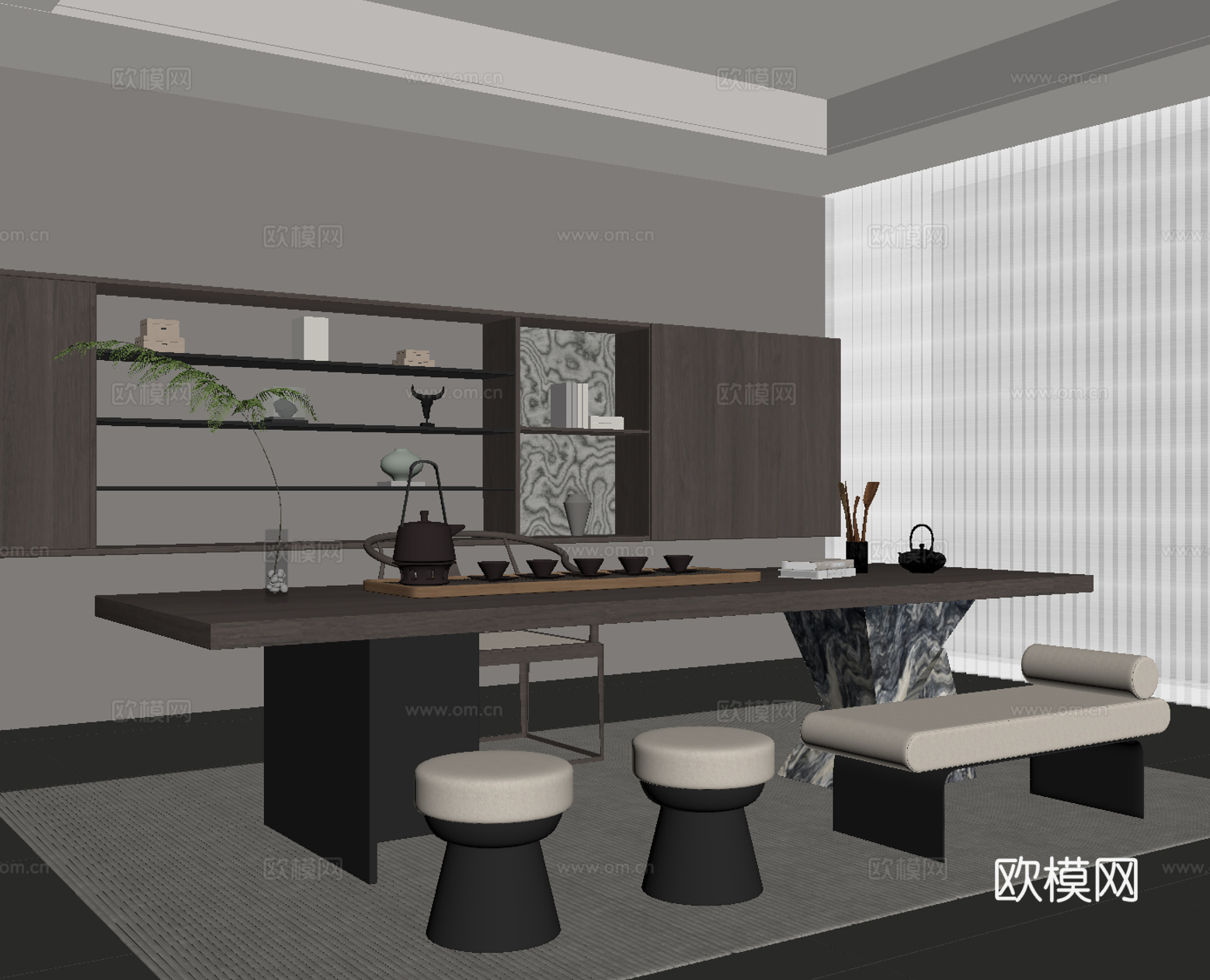 现代意式茶室 茶桌椅 茶柜su模型