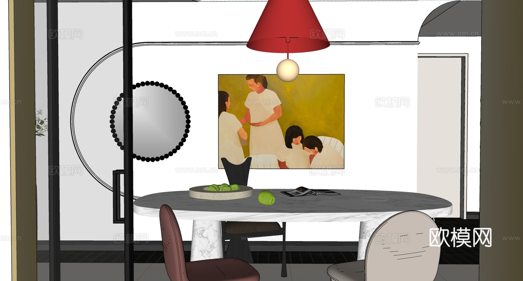 现代中古餐厅 餐桌椅组合 吊灯su模型
