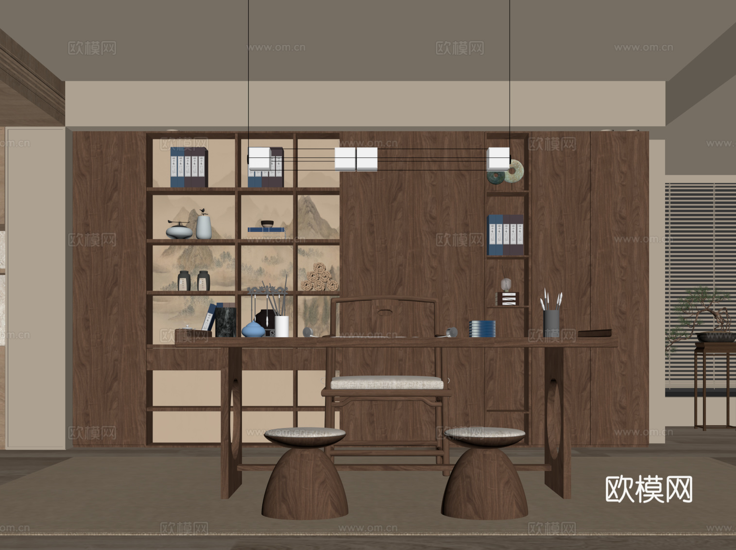 新中式书房 书桌椅 书柜su模型