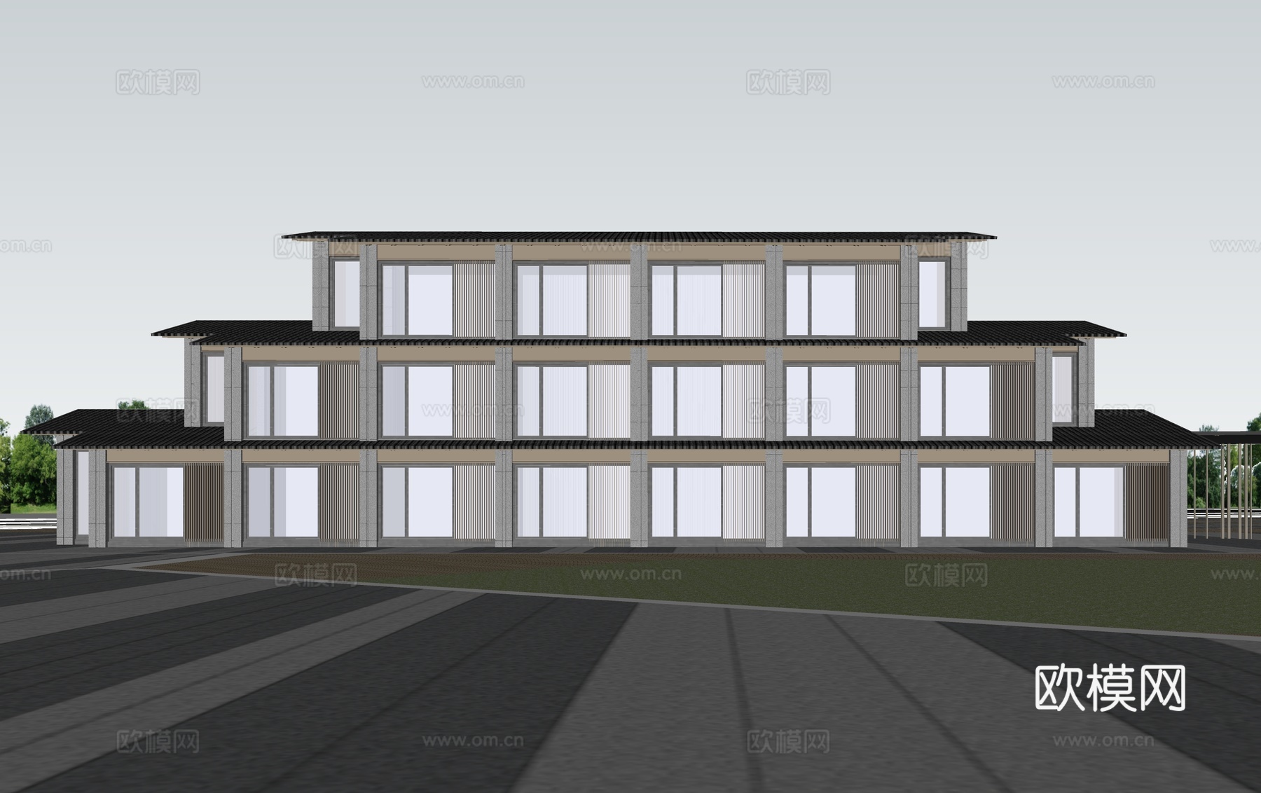 中式酒店 民宿 商业街 水街 民宿建筑su模型