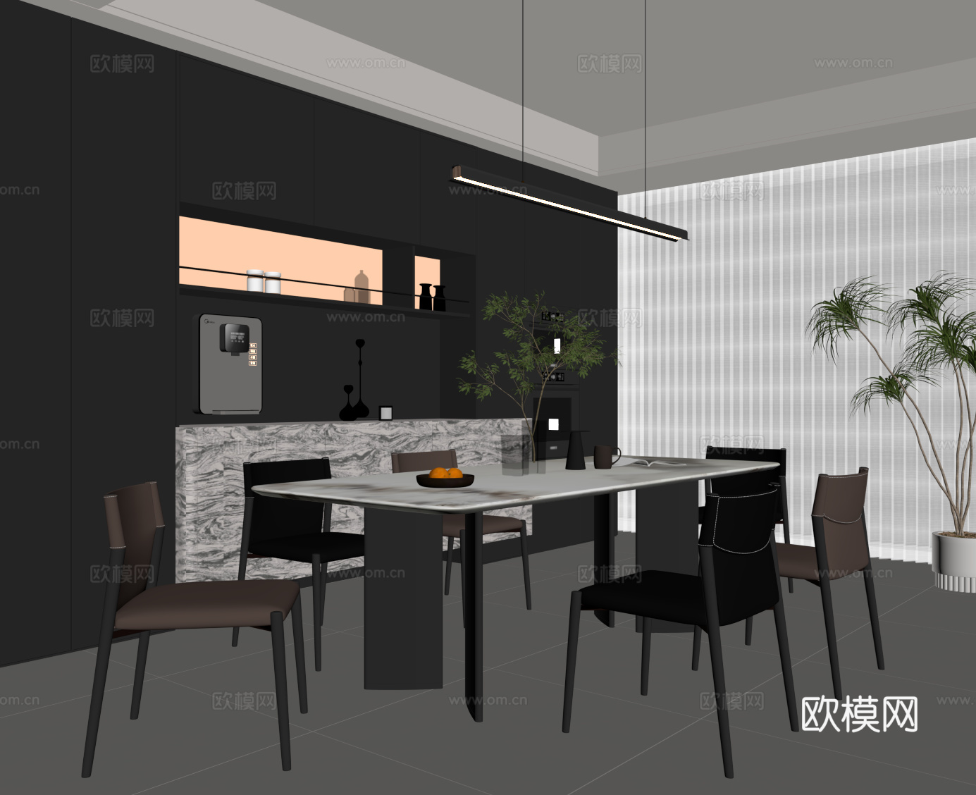 现代意式餐厅 餐桌椅 餐边柜su模型