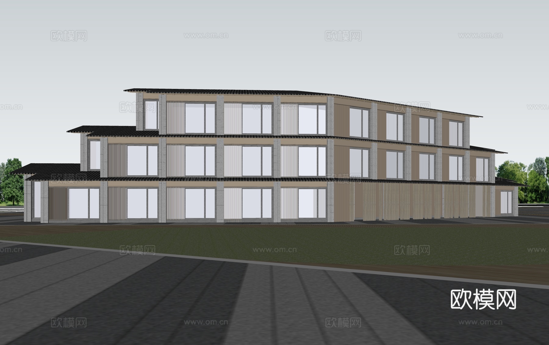 中式酒店 民宿 商业街 水街 民宿建筑su模型