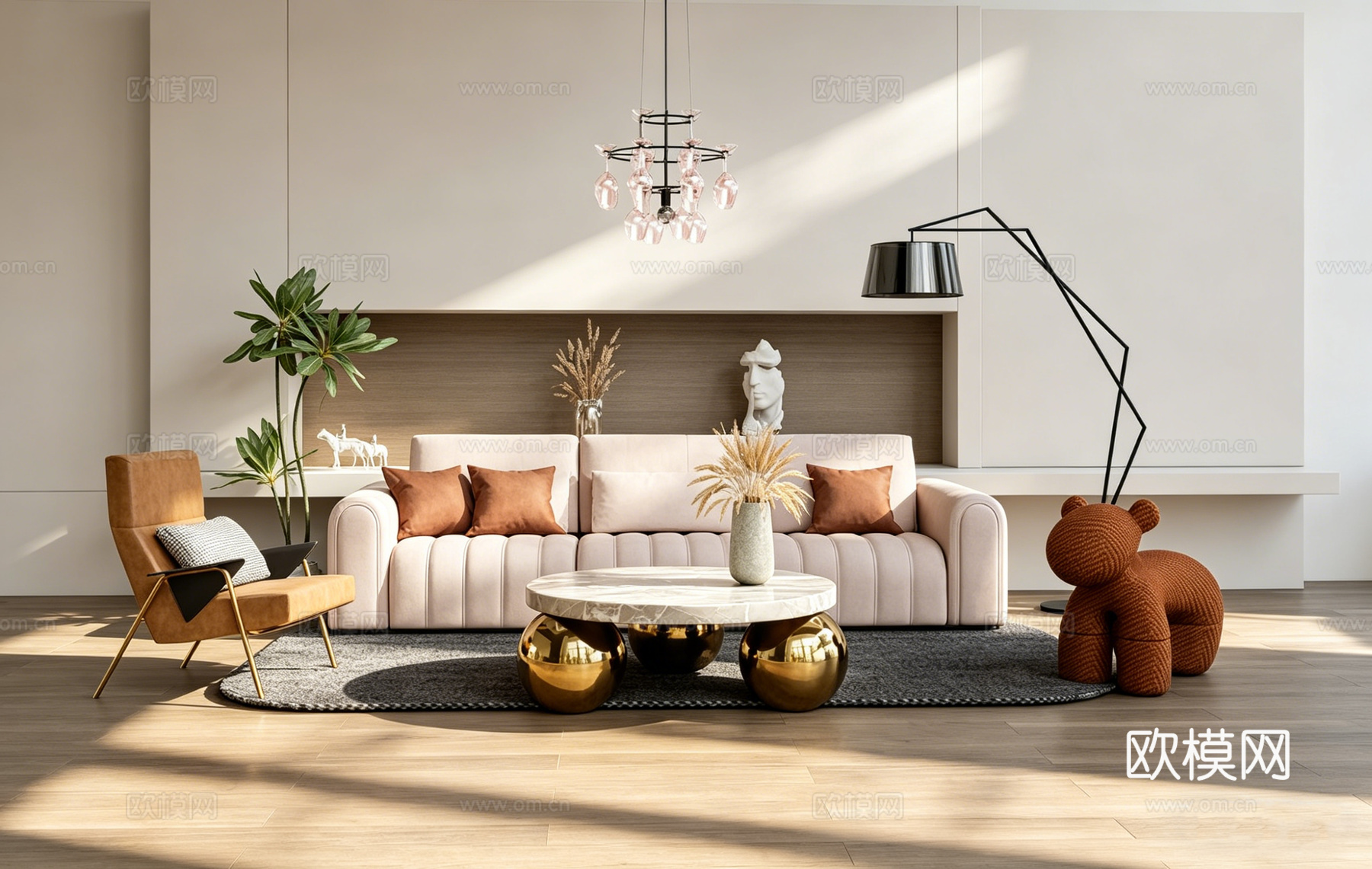 法式轻奢沙发组合 动物凳 大理石茶几 吊灯装饰 创意动物造型su模型