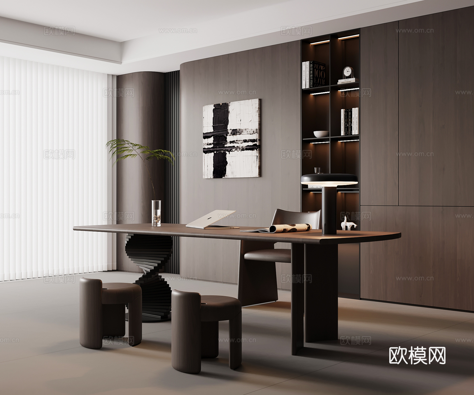 现代意式书房 书桌椅 书柜su模型