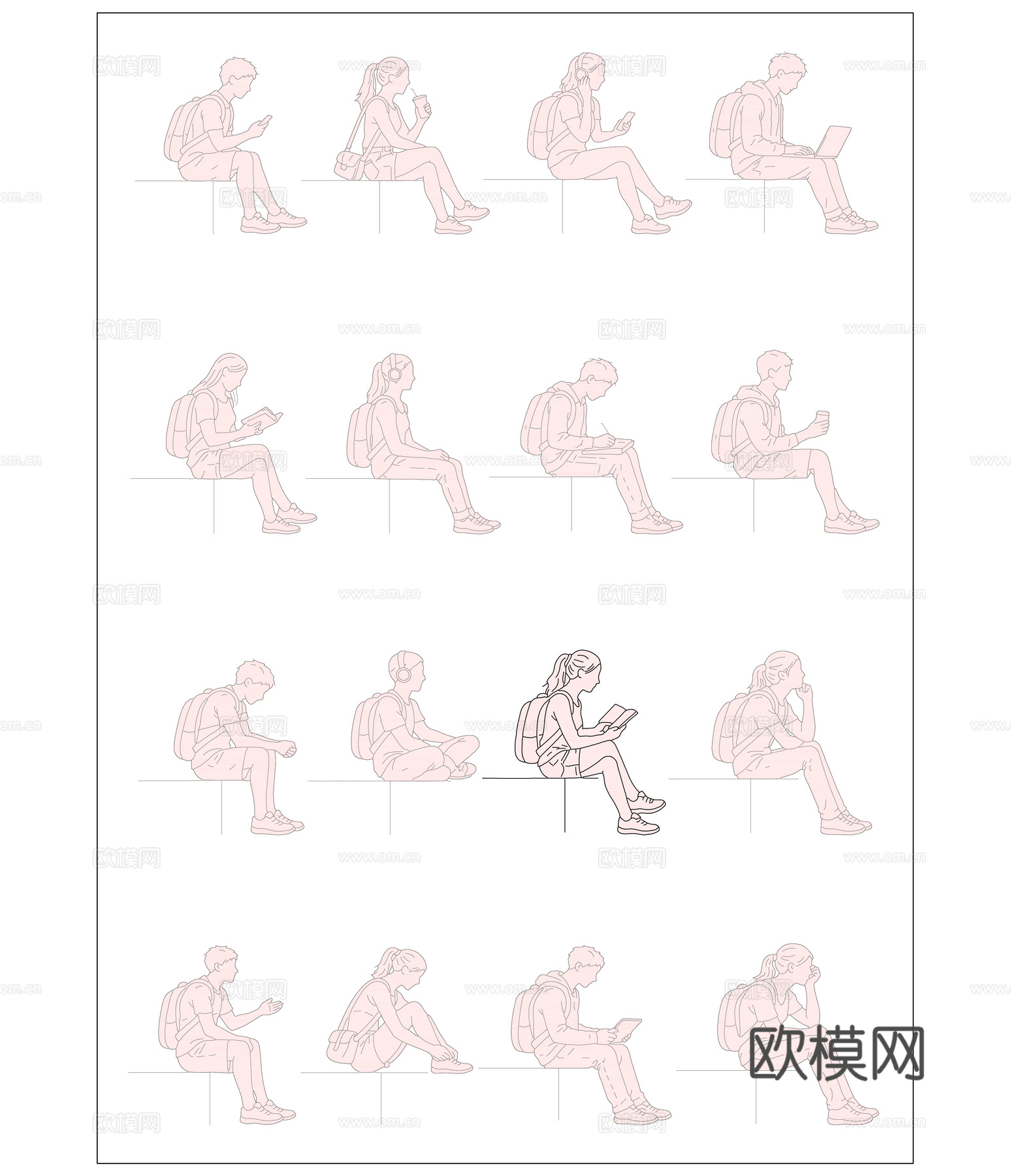 青春静姿 少年坐影 晴日坐姿 春夏静影 闲坐剪影cad施工图