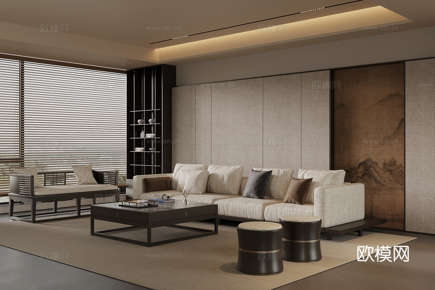 新中式客厅 沙发茶几组合 茶柜背景墙su模型