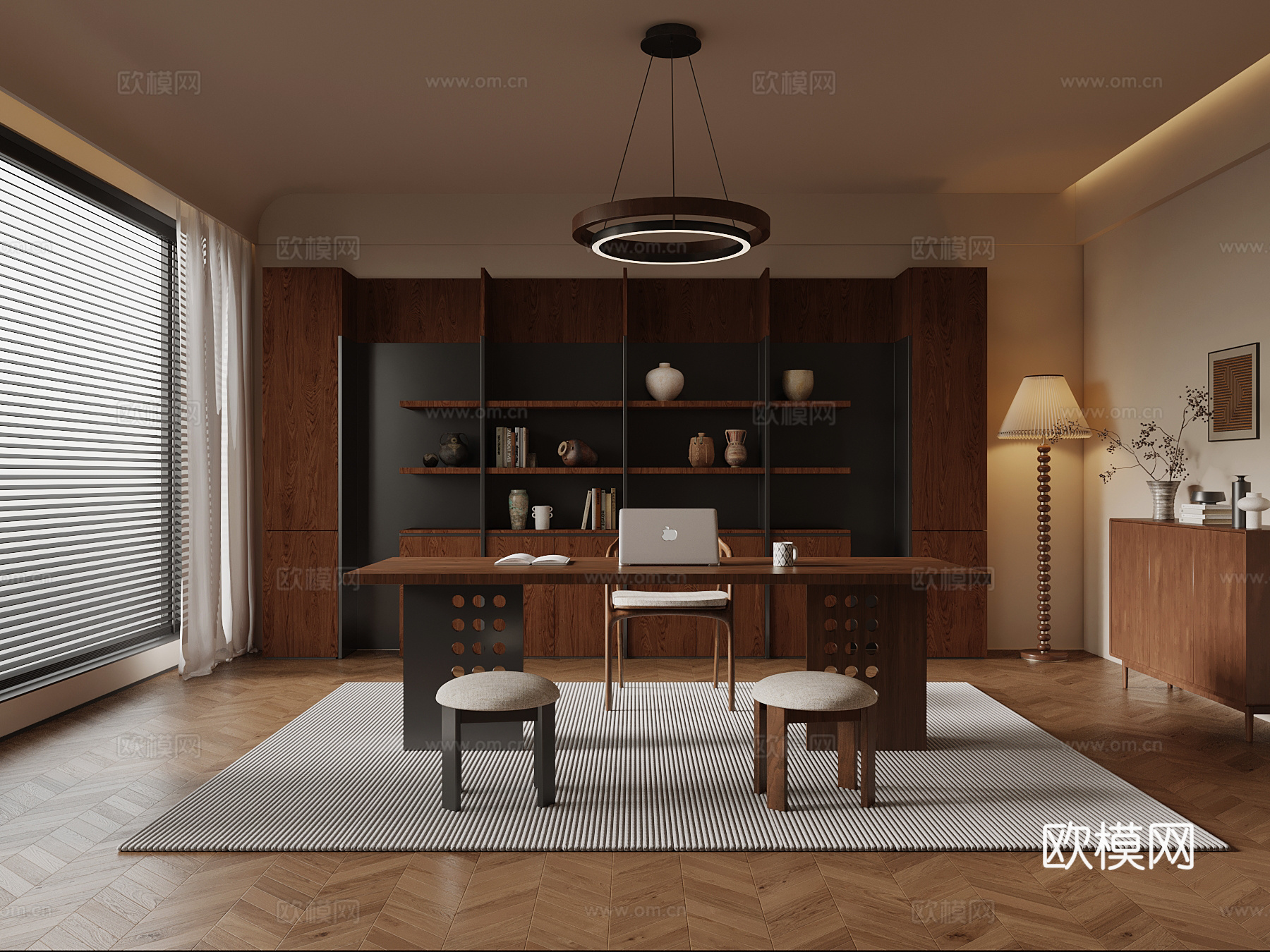 中古风书房 书桌椅 书柜 边柜 吊灯su模型