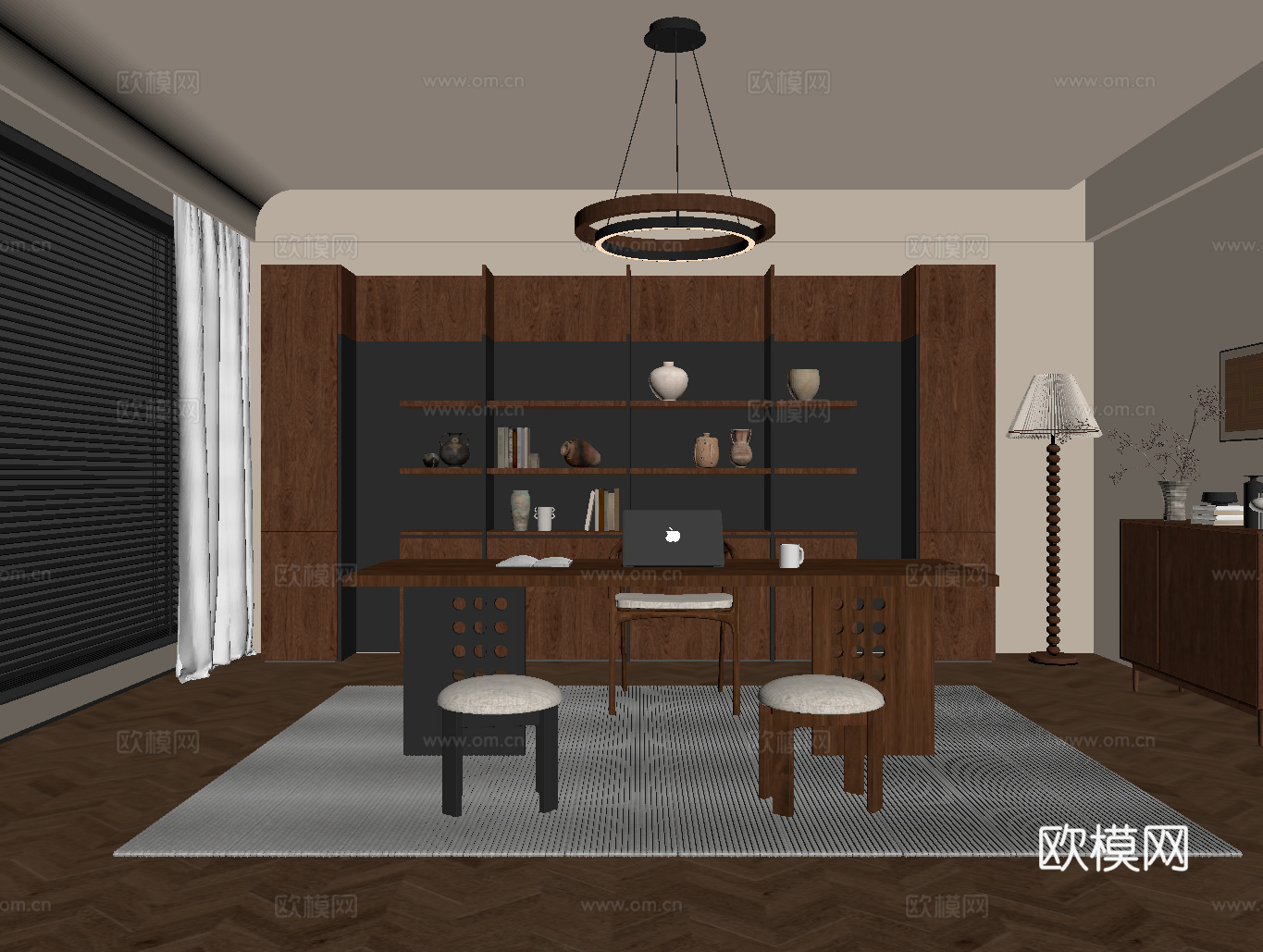 中古风书房 书桌椅 书柜 边柜 吊灯su模型