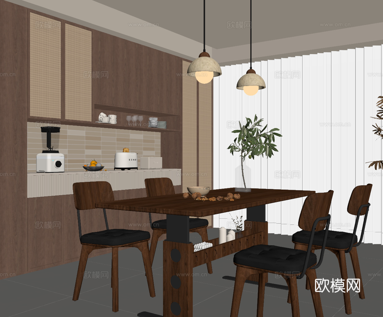 现代中古风餐厅 餐桌椅 餐边柜 酒柜su模型