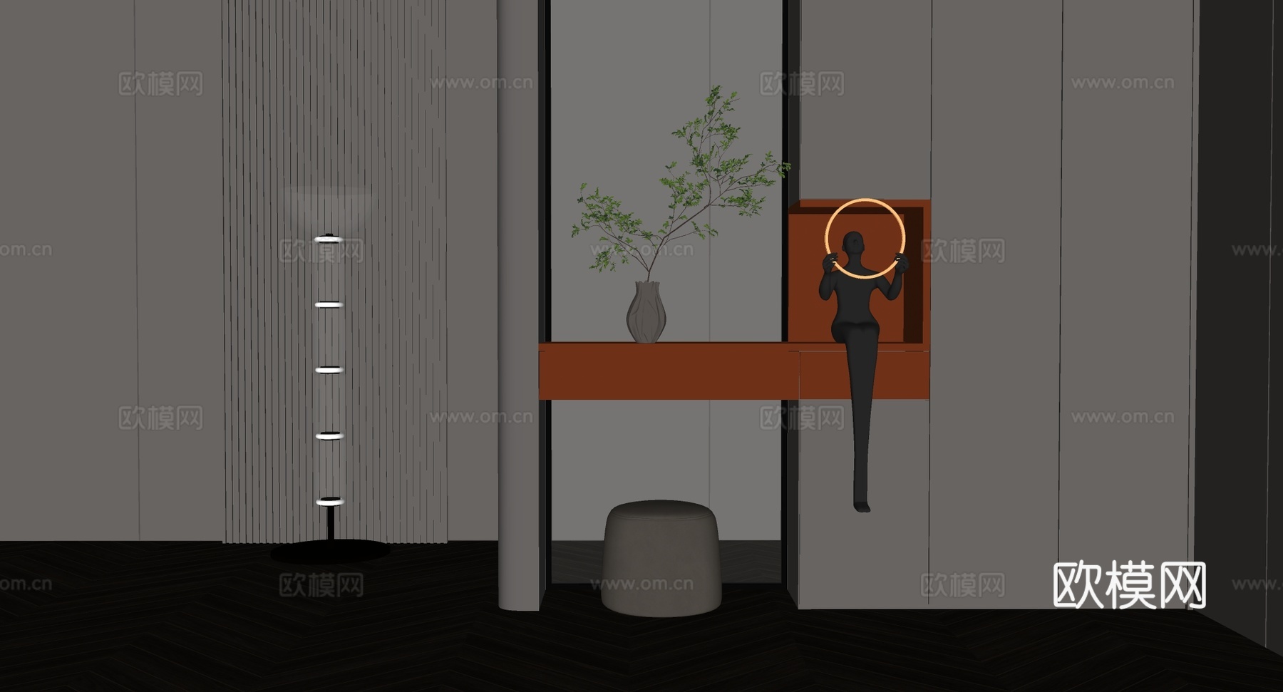 现代简约艺术感室内端景场景 发光圆环雕塑 橙色搁板 条纹柱su模型