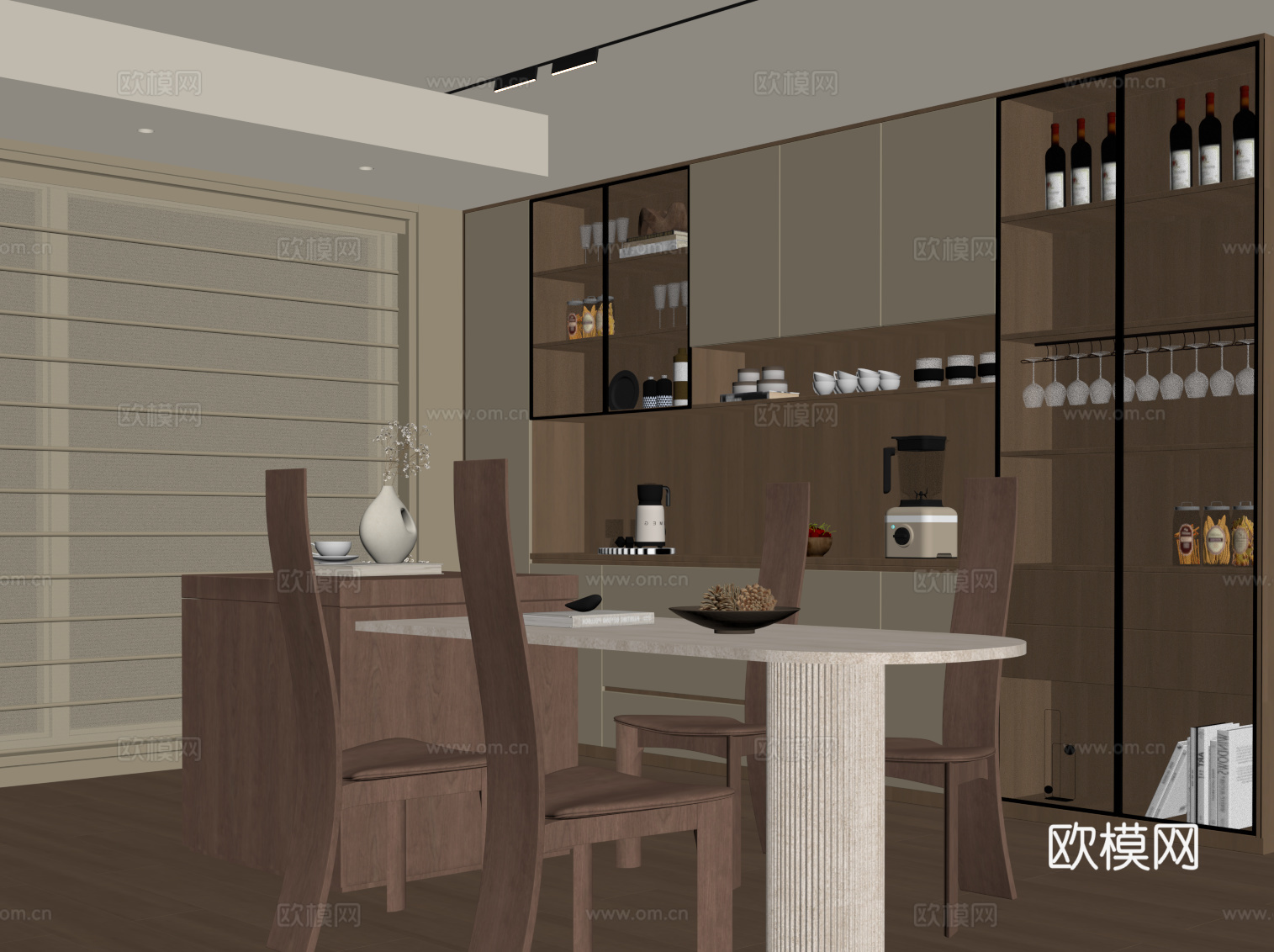 现代中古风餐厅 酒柜 餐边柜su模型