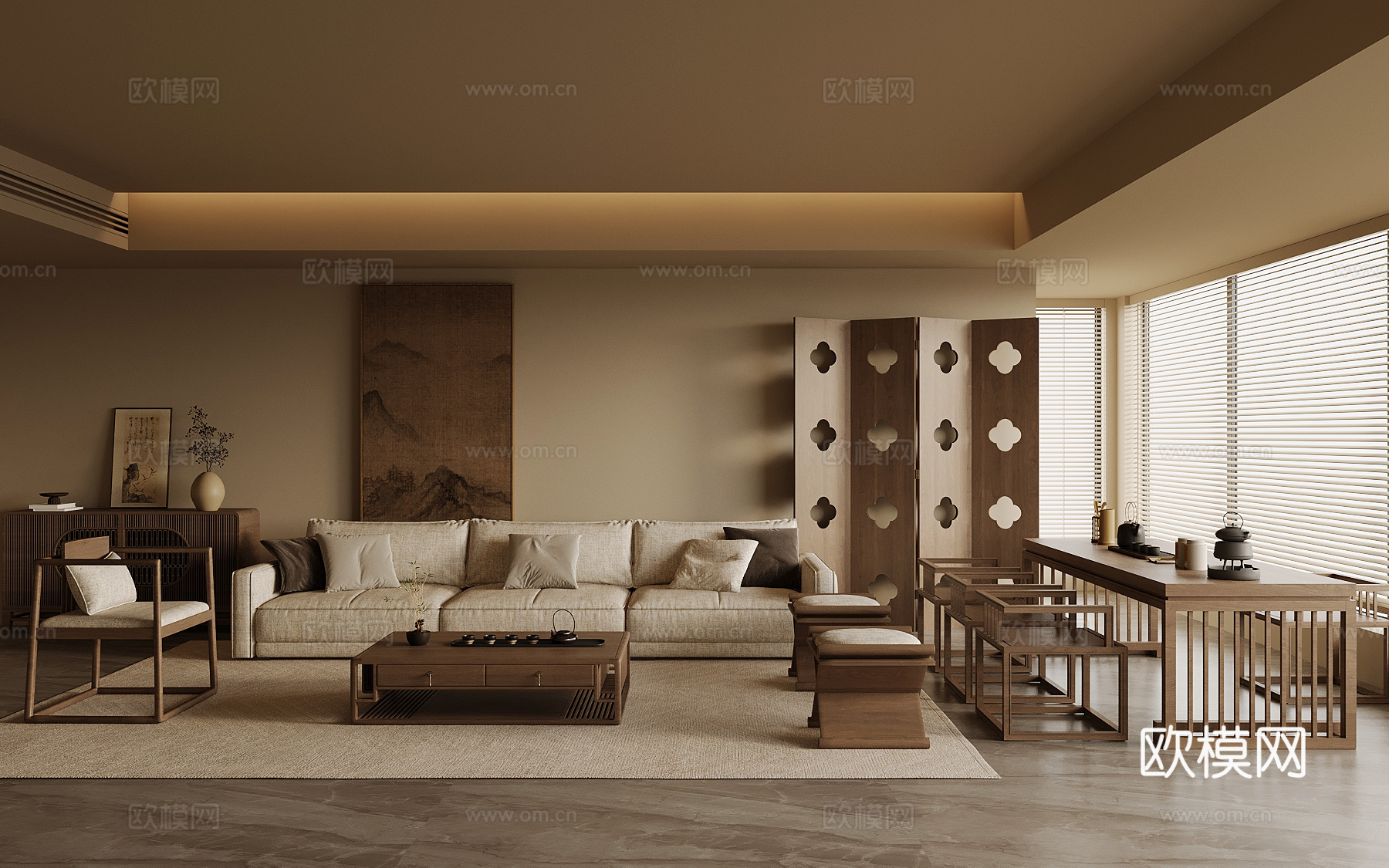 新中式家居客厅 沙发茶几组合 边柜 屏风 茶桌椅su模型