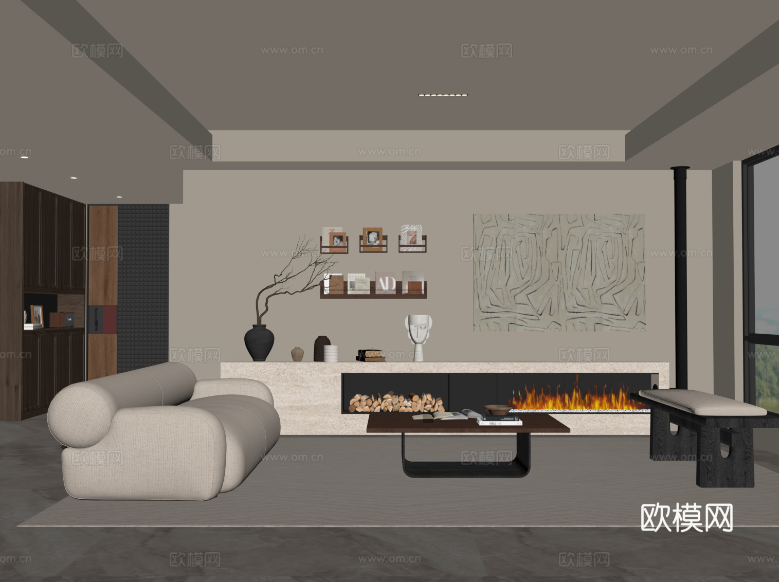 现代中古风客厅 沙发茶几组合 壁炉su模型