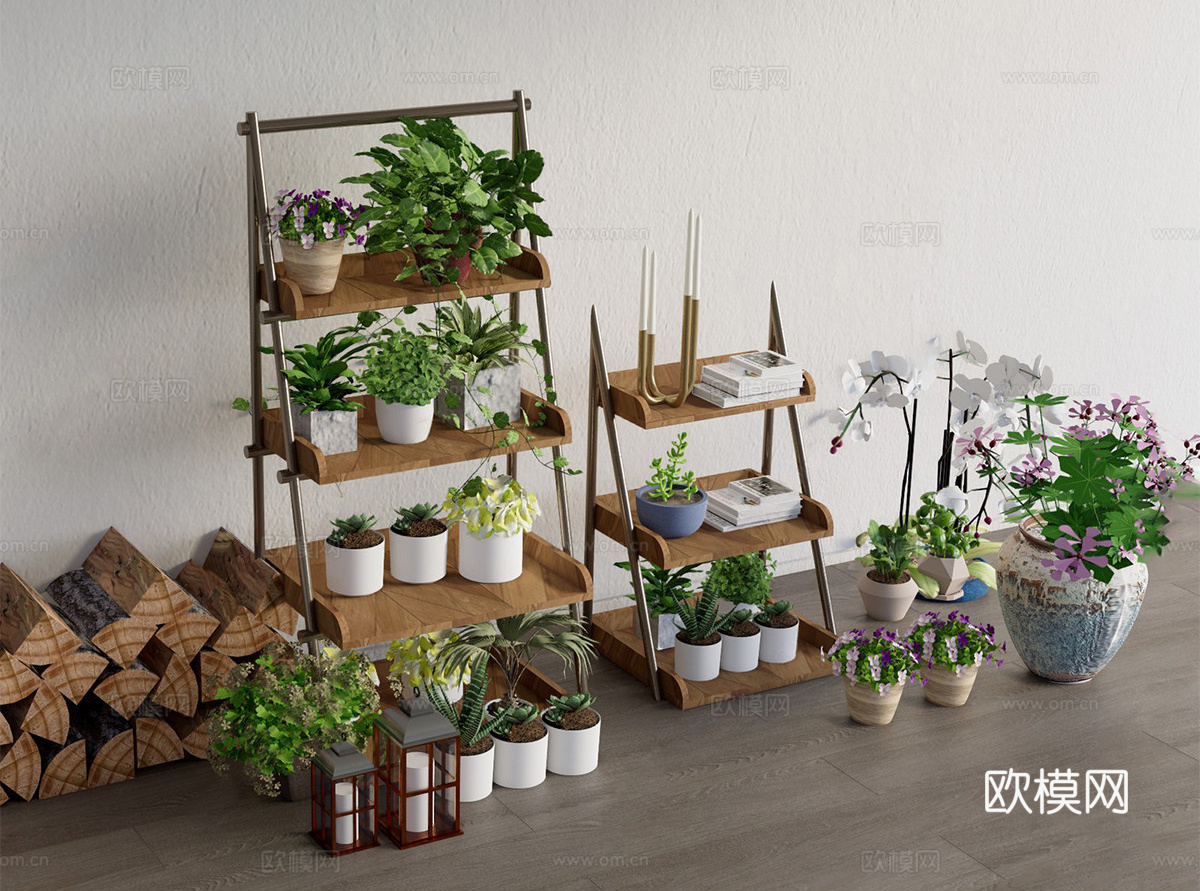 侘寂置物花架 植物花卉盆栽组合su模型