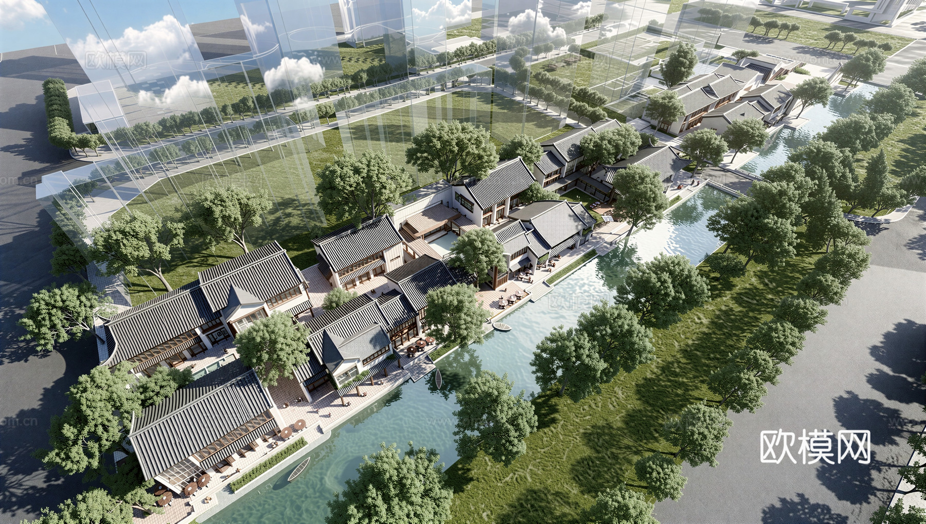 中式酒店 民宿 商业街 水街 民宿建筑su模型