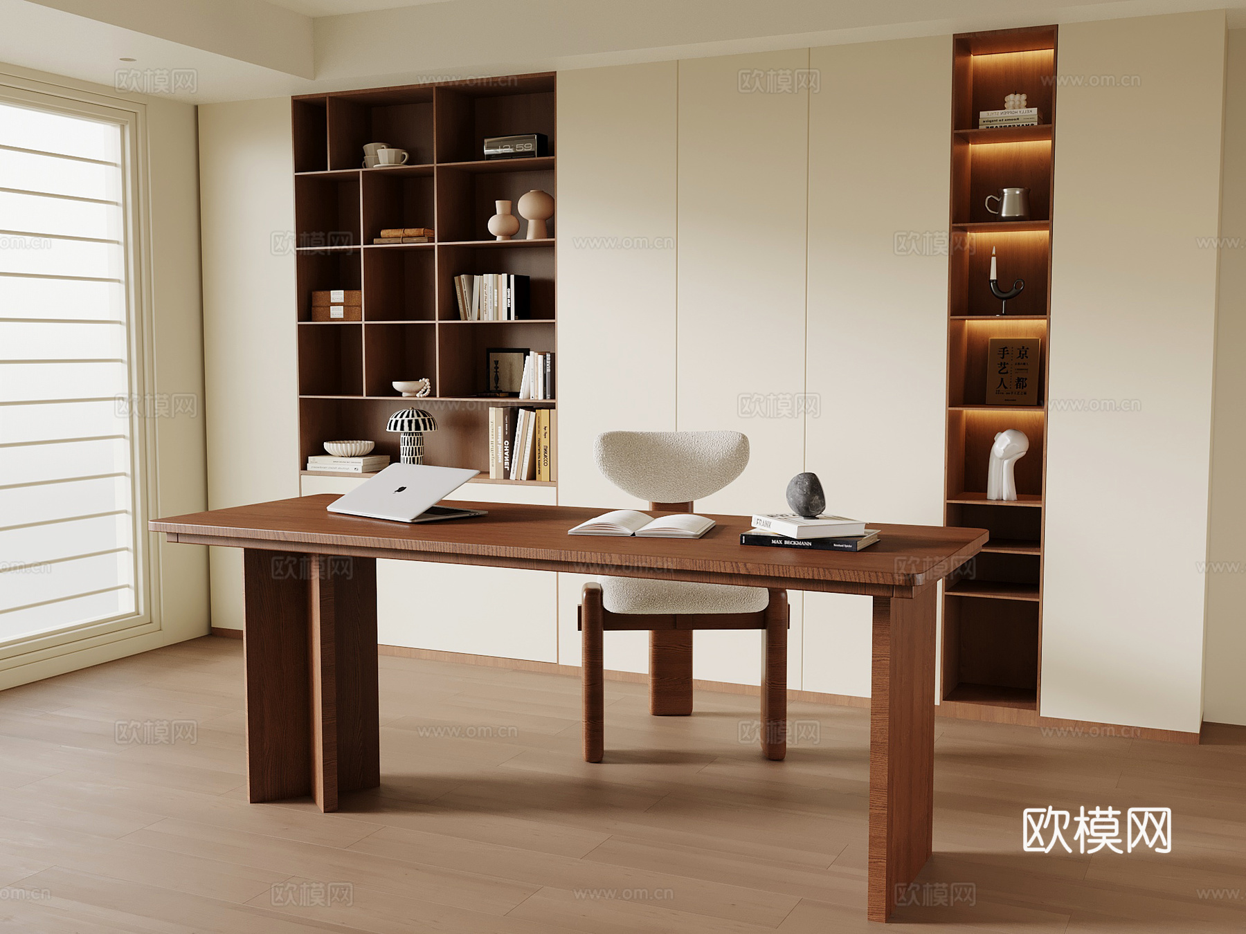 中古风书房 书桌椅 书柜su模型