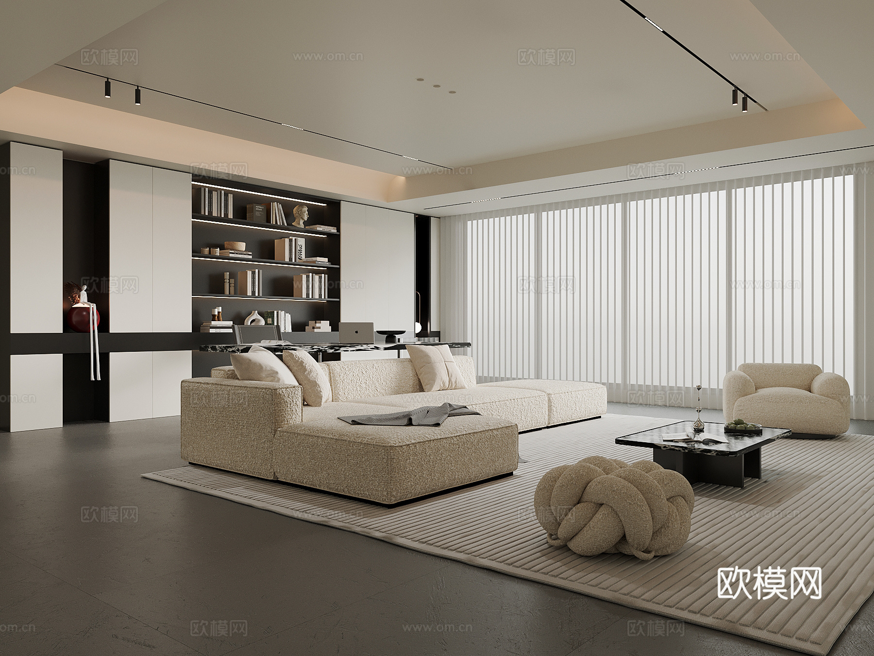 现代别墅客厅 沙发茶几组合 书桌椅 书柜su模型