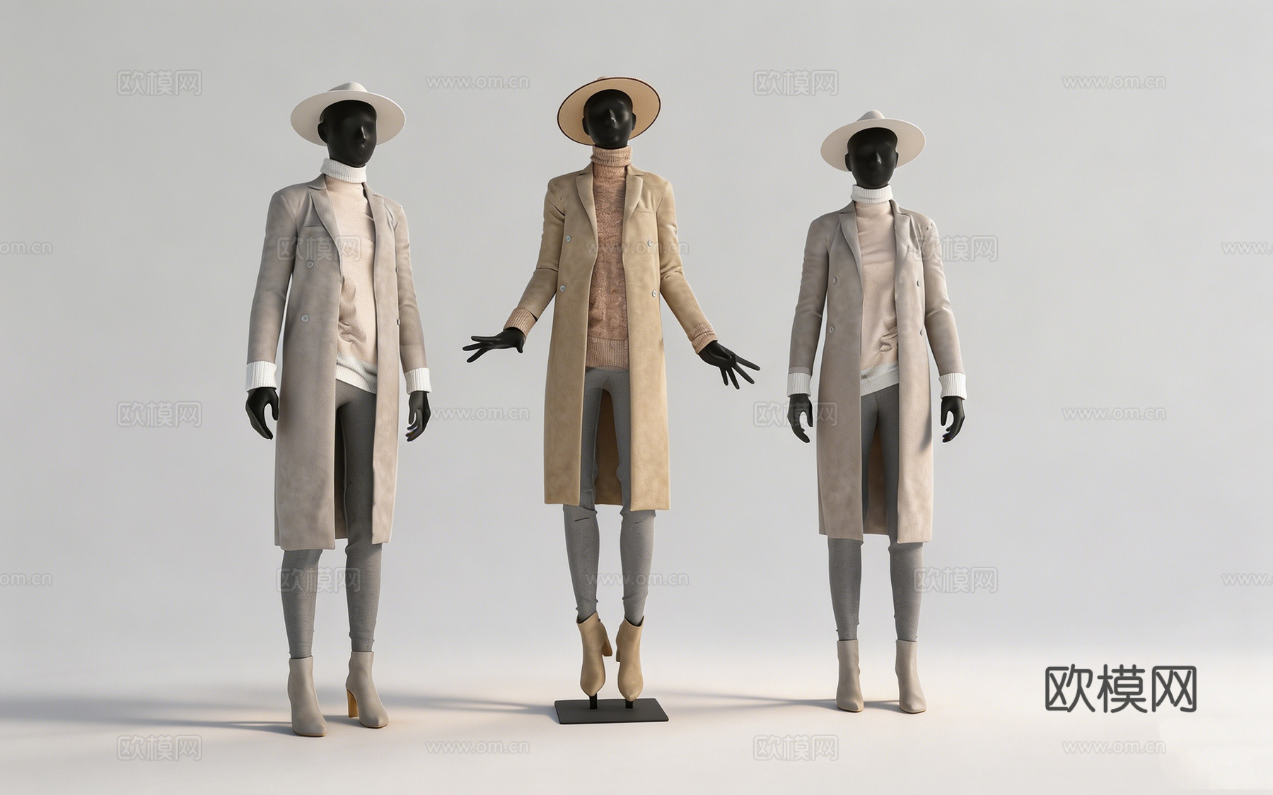 现代简约时尚人体模特服装 长款大衣 帽子靴子 多姿势 服装羊su模型
