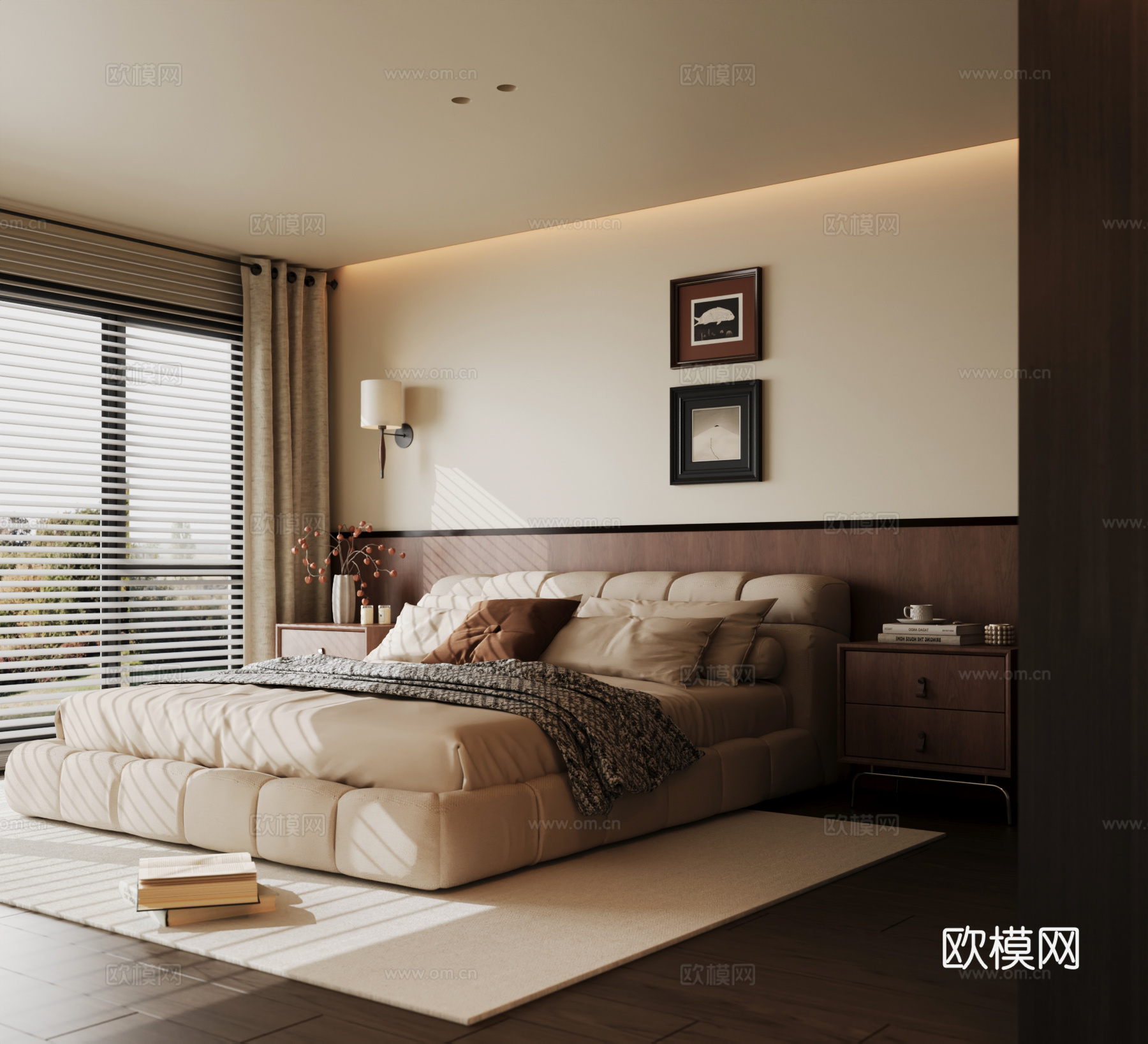 中古风卧室 双人床 背景墙 装饰画su模型