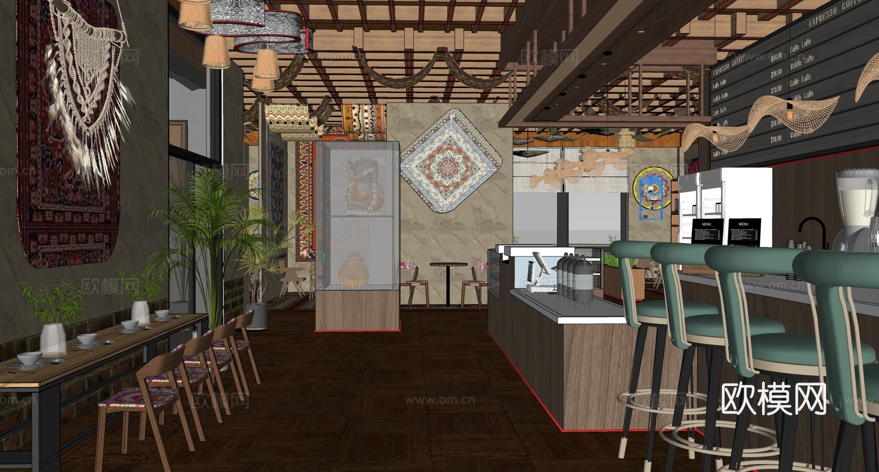 侘寂风餐厅 餐桌椅组合 吧台前台 吊灯su模型