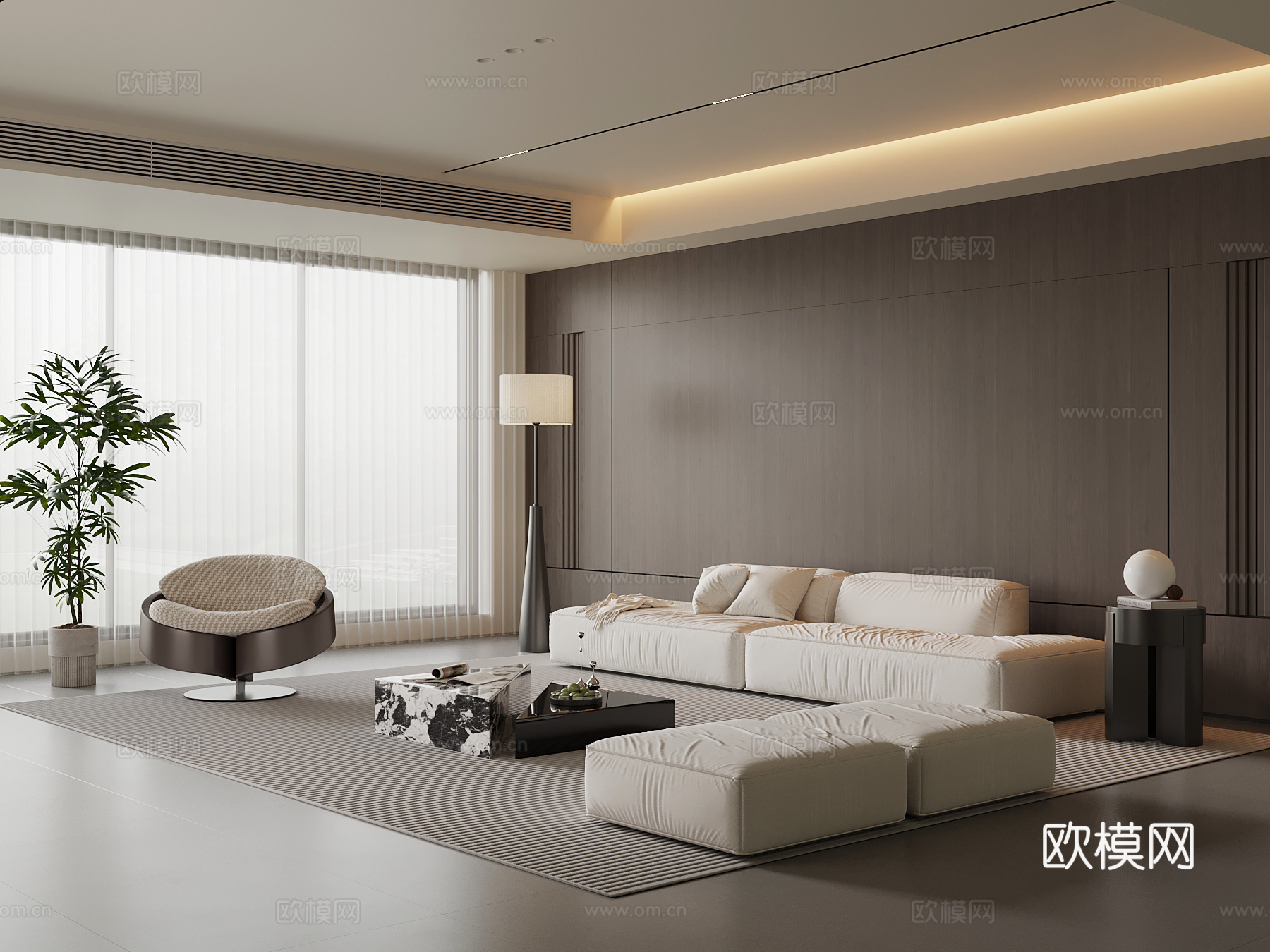 现代意式极简客厅 沙发茶几组合 背景墙 落地灯su模型