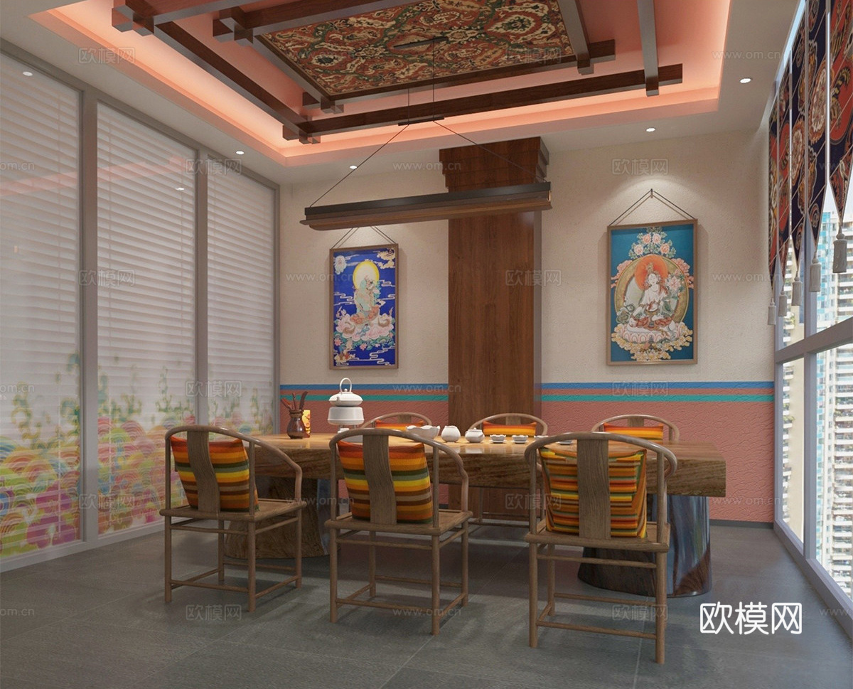 中式茶室 藏式民族风茶室 茶桌椅组合su模型