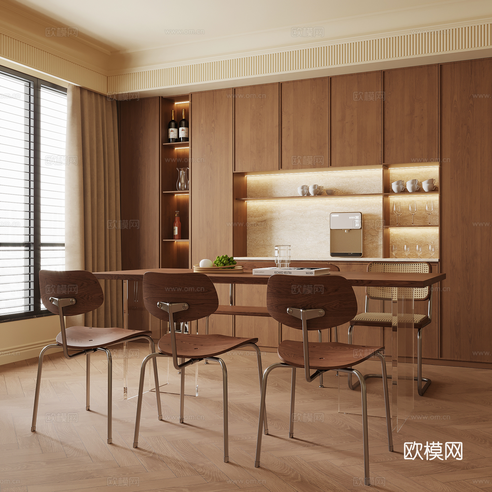 中古风餐厅 酒柜 餐桌椅组合su模型