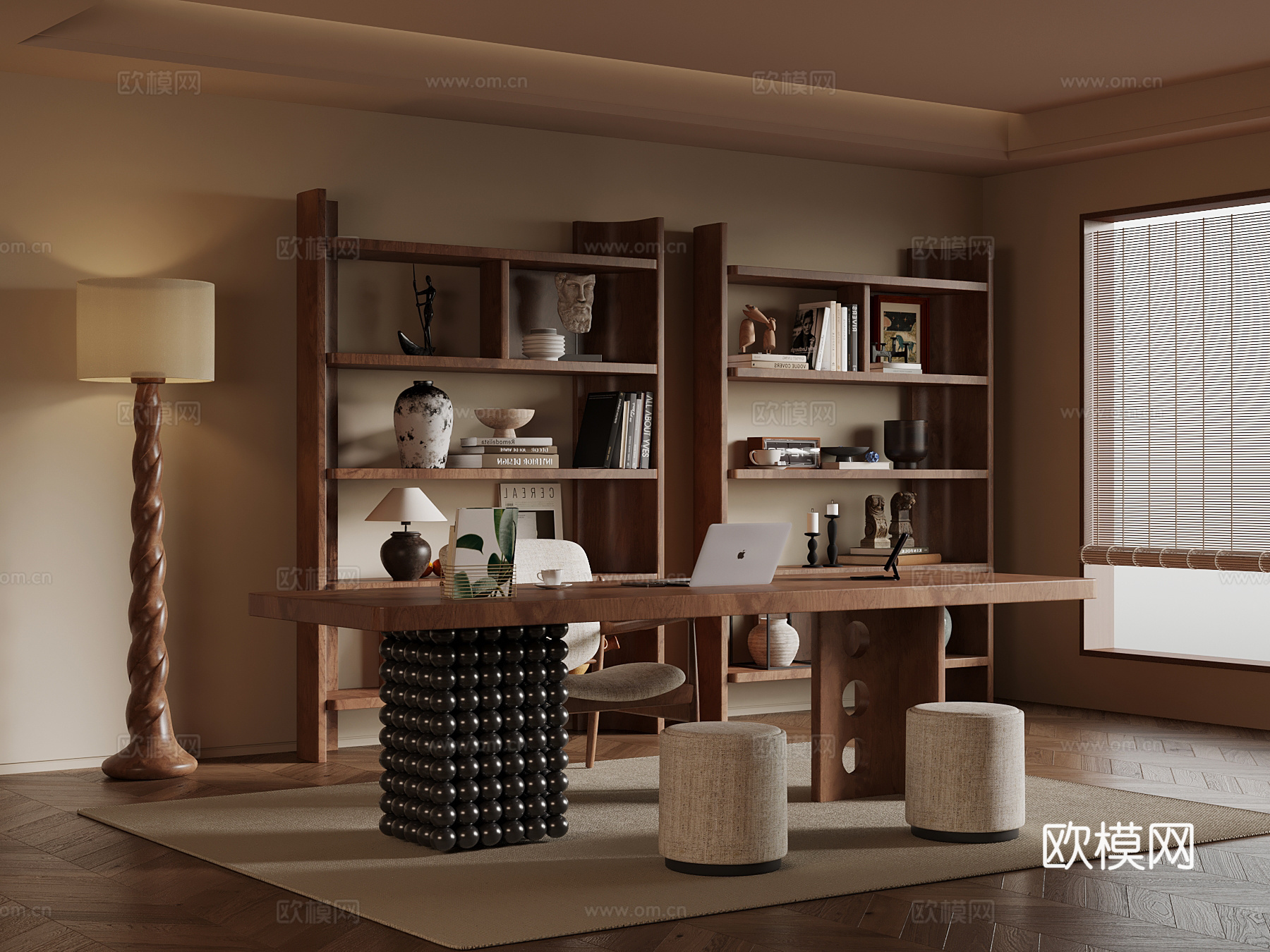 现代中古风书房 书桌椅 书柜 置物架su模型