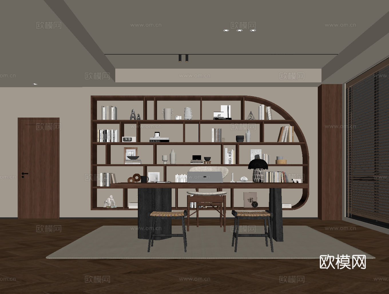 中古风开放式书房 书桌椅 嵌入式书柜su模型