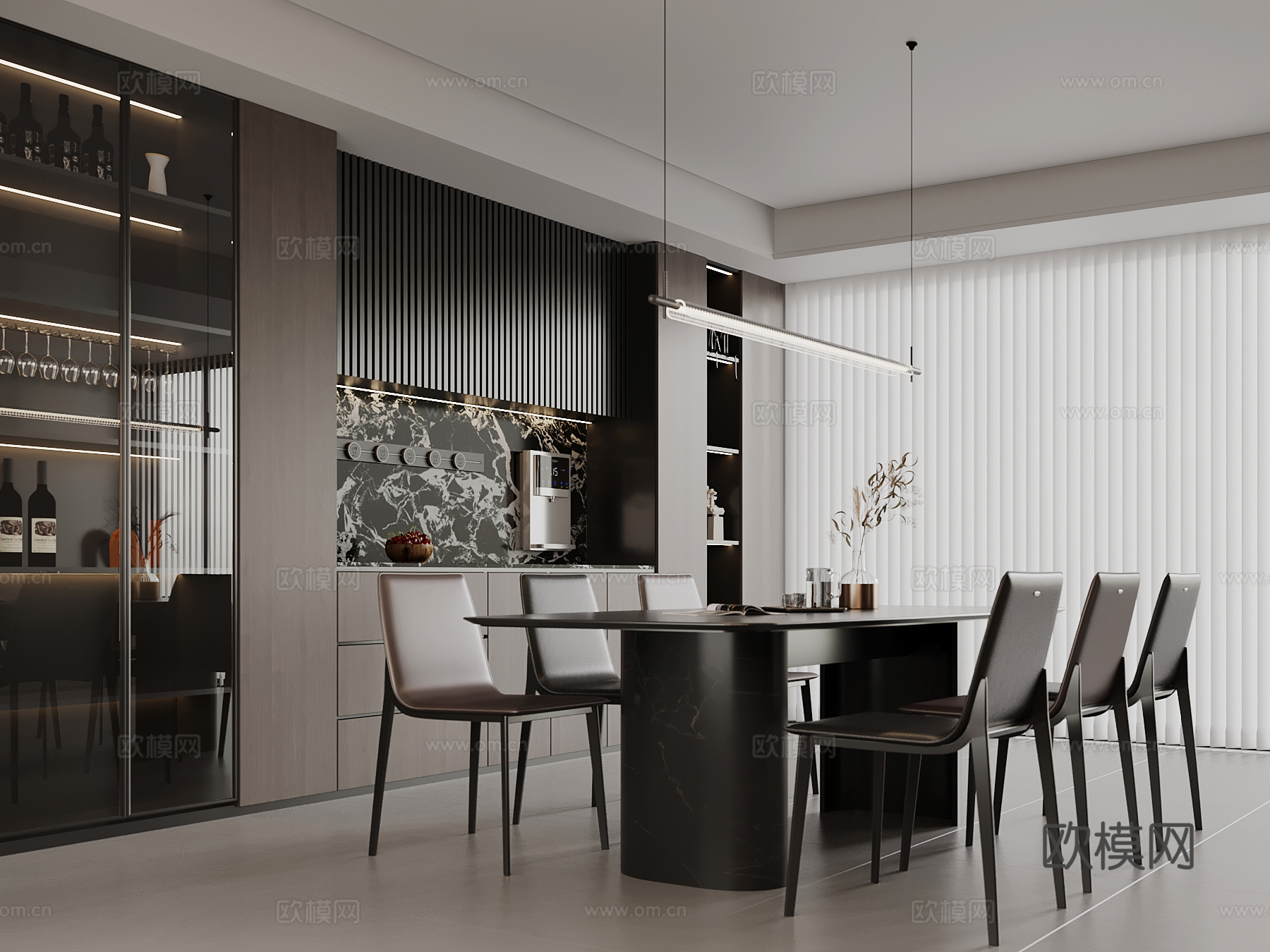 现代意式餐厅 餐桌椅 酒柜 餐边柜su模型