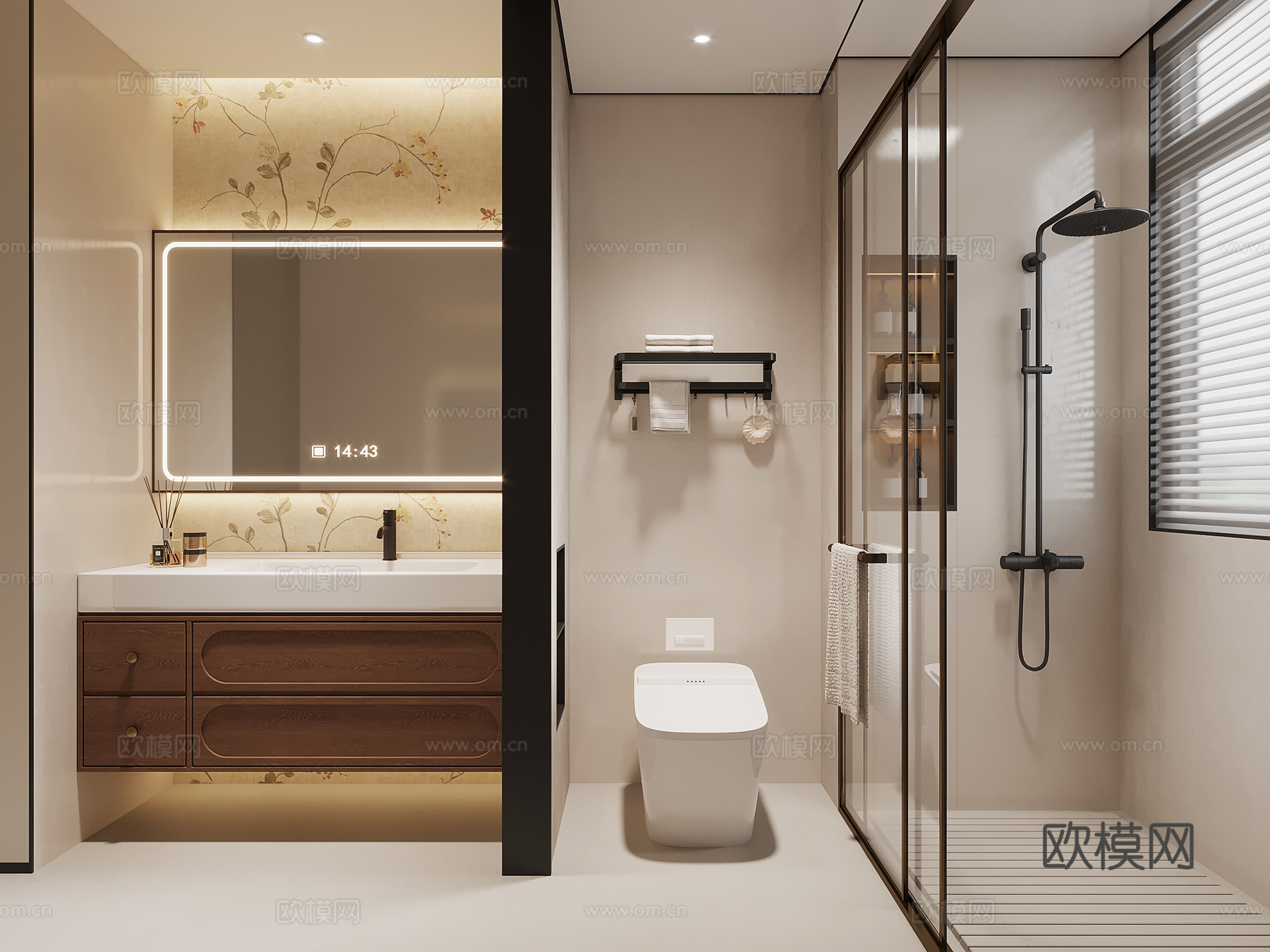 中古风卫生间 干湿分离卫生间 浴室柜 马桶 花洒su模型