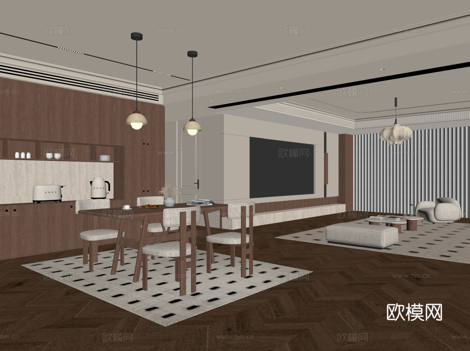 现代中古风客餐厅 沙发茶几组合 电视背景墙 餐边柜 餐桌椅su模型