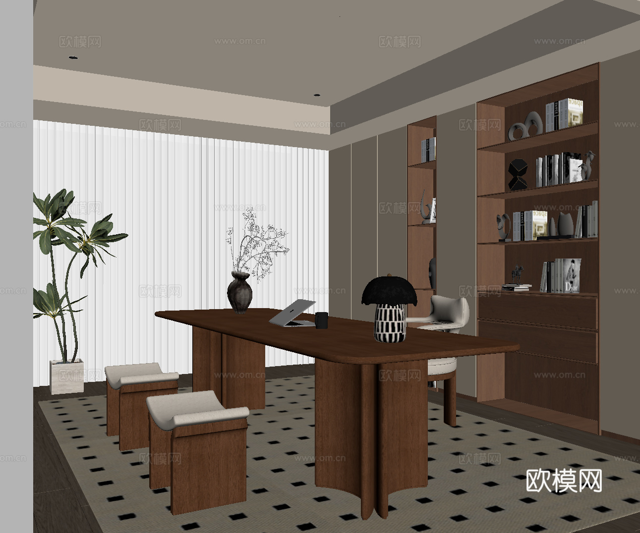 现代中古书房 中古风书柜 中古风书桌椅 实木书桌椅组合su模型